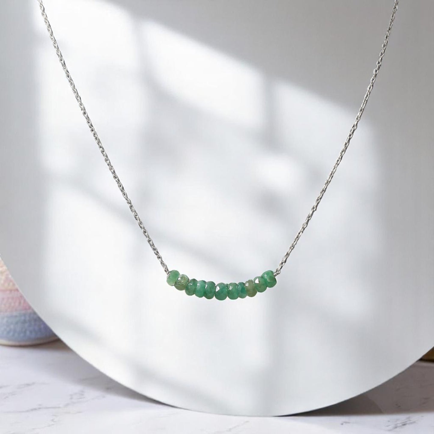 Delicate Natural Emerald Beaded Bar Necklace – Minimalist Birthstone Jewelry