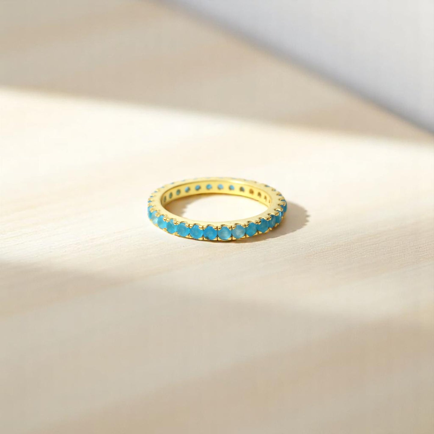 Elegant Natural Swiss Blue Topaz Eternity Band Ring – Natural Stone in Luxe Golden Finish