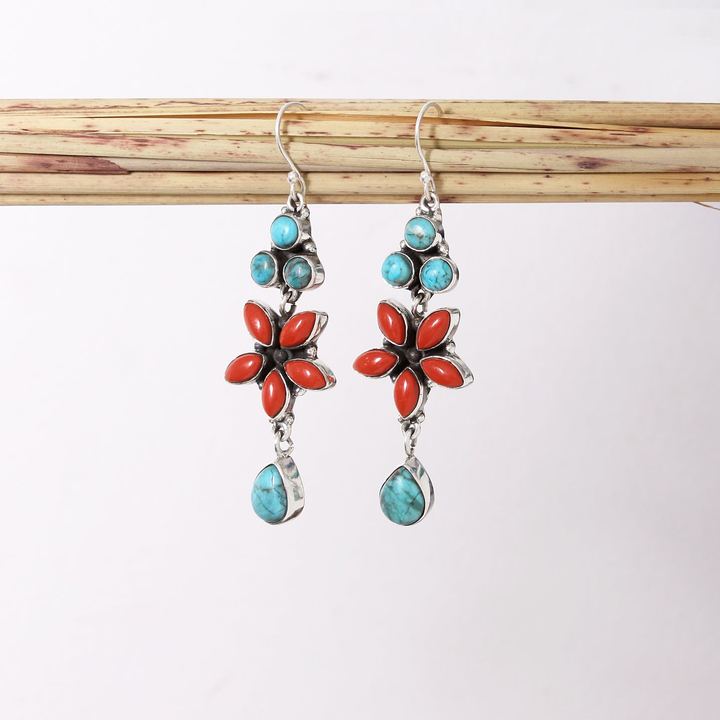 925 Sterling Silver Natural Red Coral & Turquoise Gemstone Earrings - Elegant Boho Style