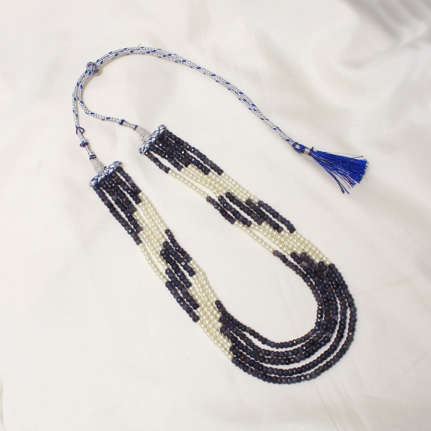 Natural iolite & Pearl 5-Layer Sarafa Necklace – Elegant Multi-Strand Traditional Jewelry
