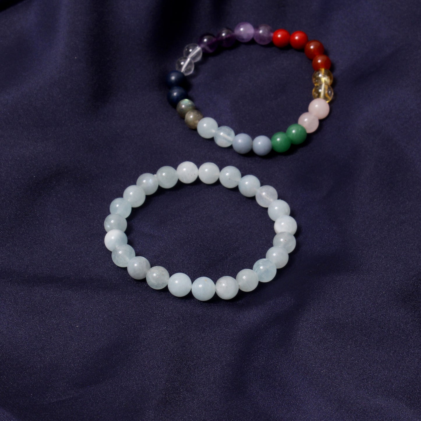7 Chakras + Aquamarine Healing Stretchable Gemstone Bracelet – Calmness, Clarity & Communication