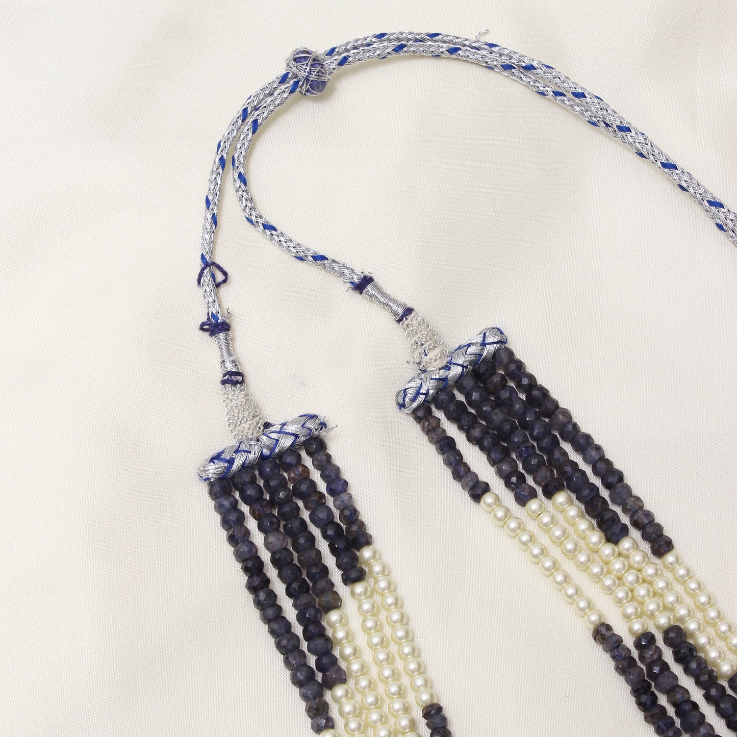 Natural iolite & Pearl 5-Layer Sarafa Necklace – Elegant Multi-Strand Traditional Jewelry