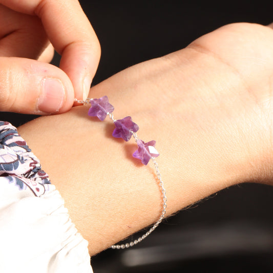 925 Sterling Silver Natural Amethyst Star Chain Bracelet – Adjustable Healing Crystal Chain for Women & Girls