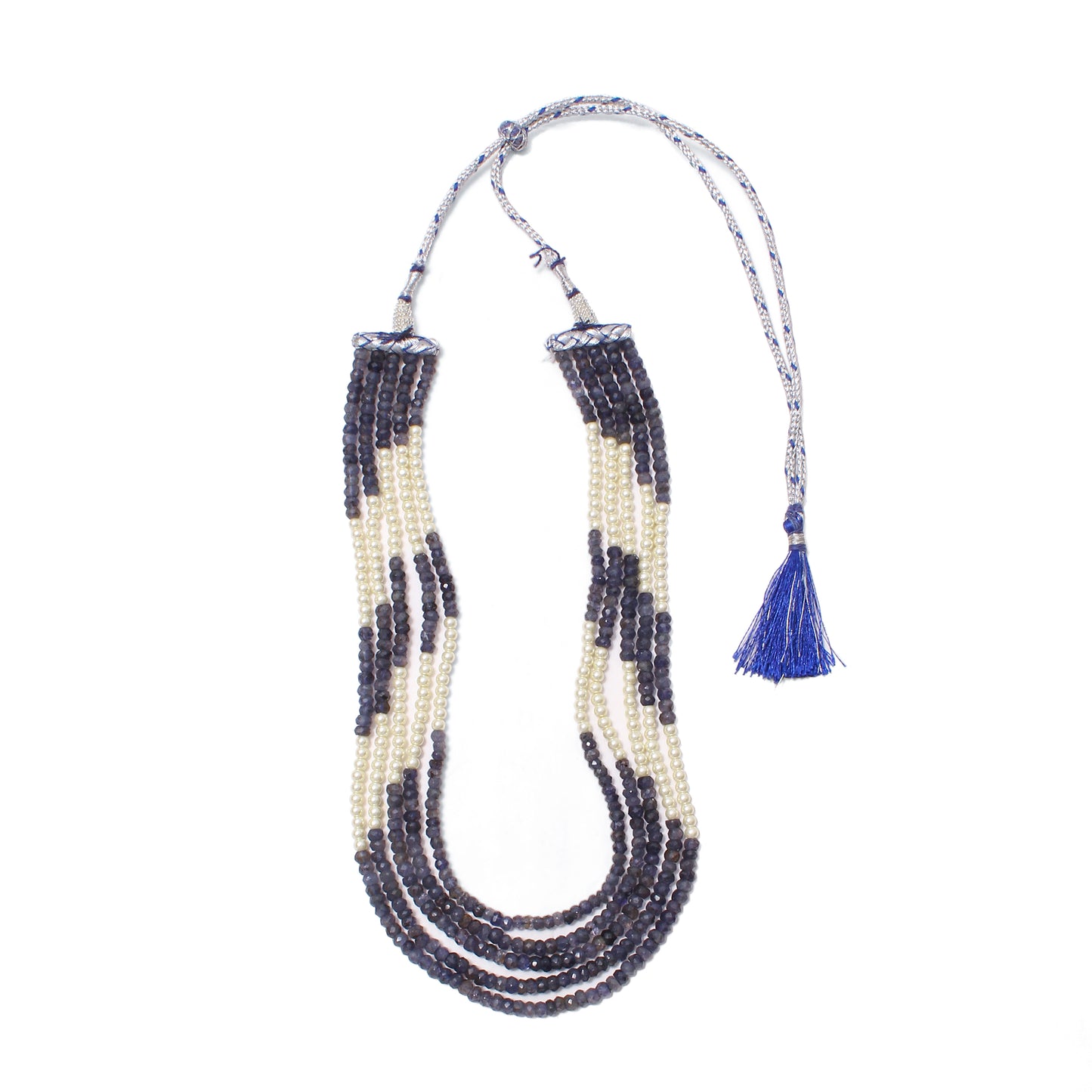 Natural iolite & Pearl 5-Layer Sarafa Necklace – Elegant Multi-Strand Traditional Jewelry