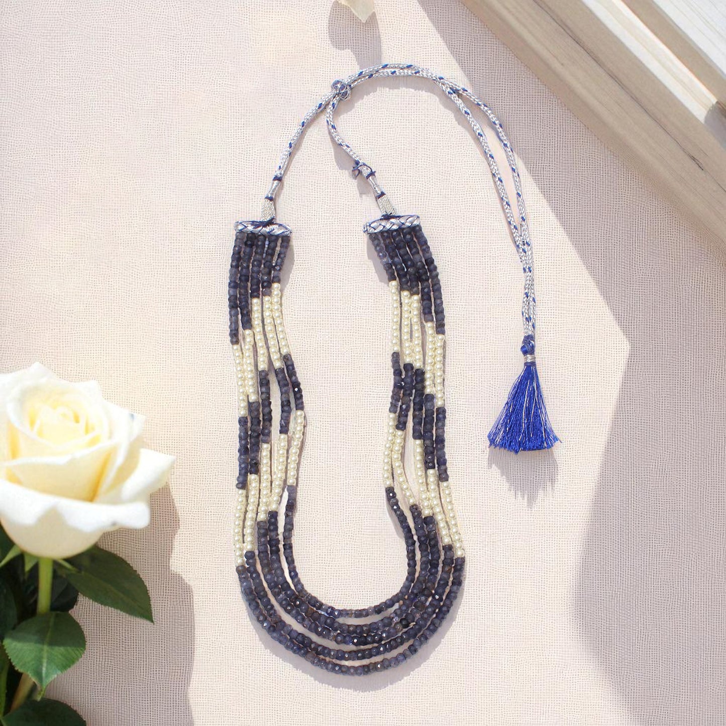 Natural iolite & Pearl 5-Layer Sarafa Necklace – Elegant Multi-Strand Traditional Jewelry