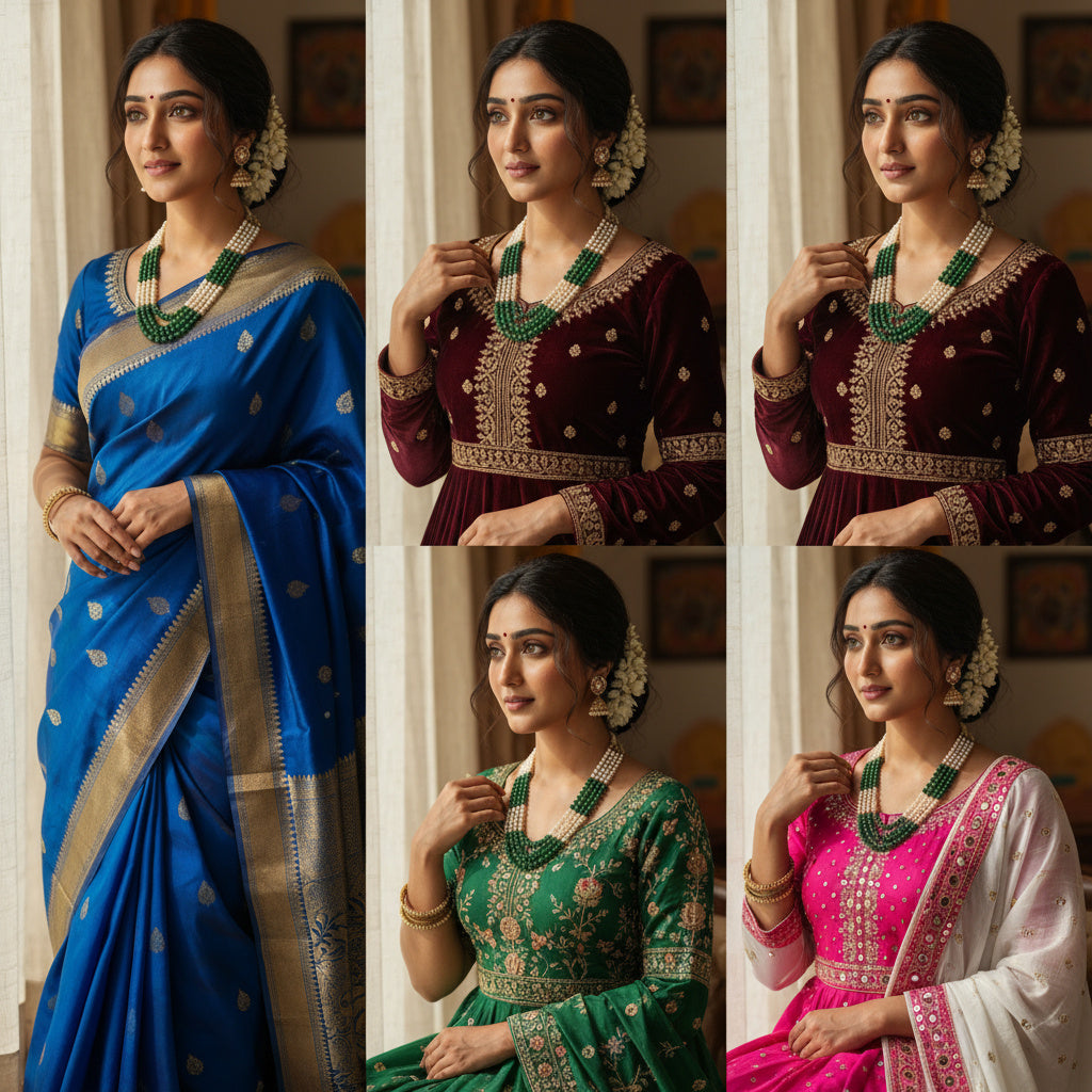 Elegant 4-Layer Green Jade, Pearl & Pyrite Sarafa Necklace – Timeless Ethnic Luxury