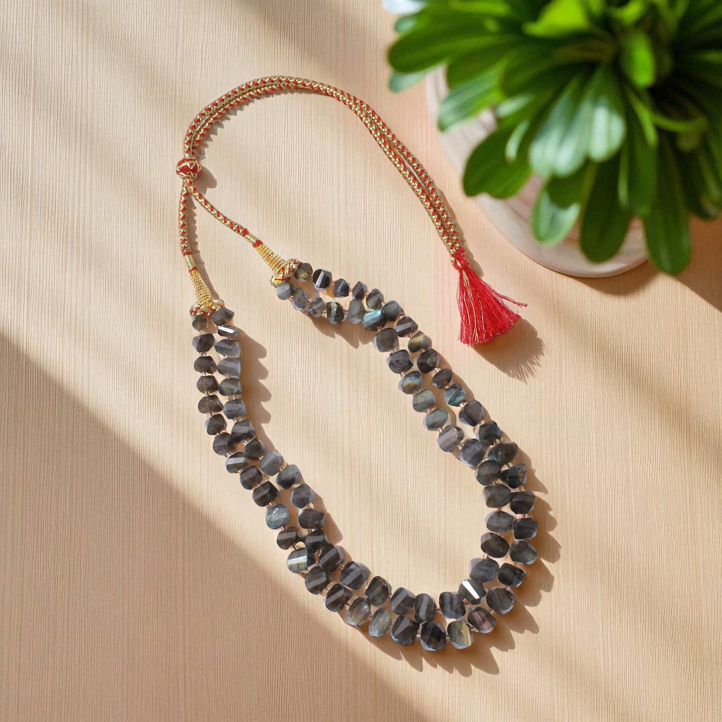 Natural Labradorite 2-Layered Sarafa Necklace – Iridescent Gemstone Elegance