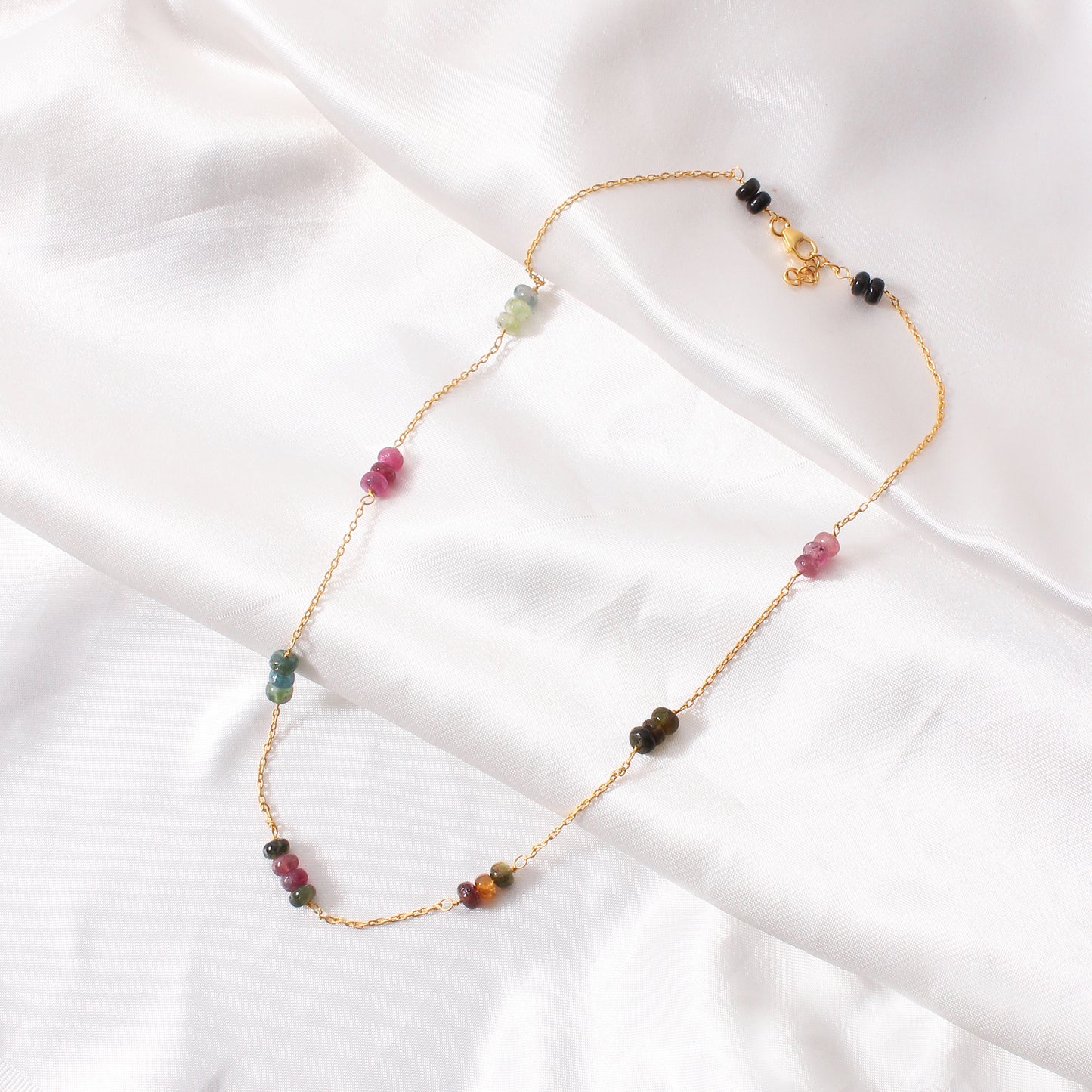 Elegant Natural Multi-Tourmaline Beaded Necklace – Gold Plated Chain Delicate Gemstone Jewelry