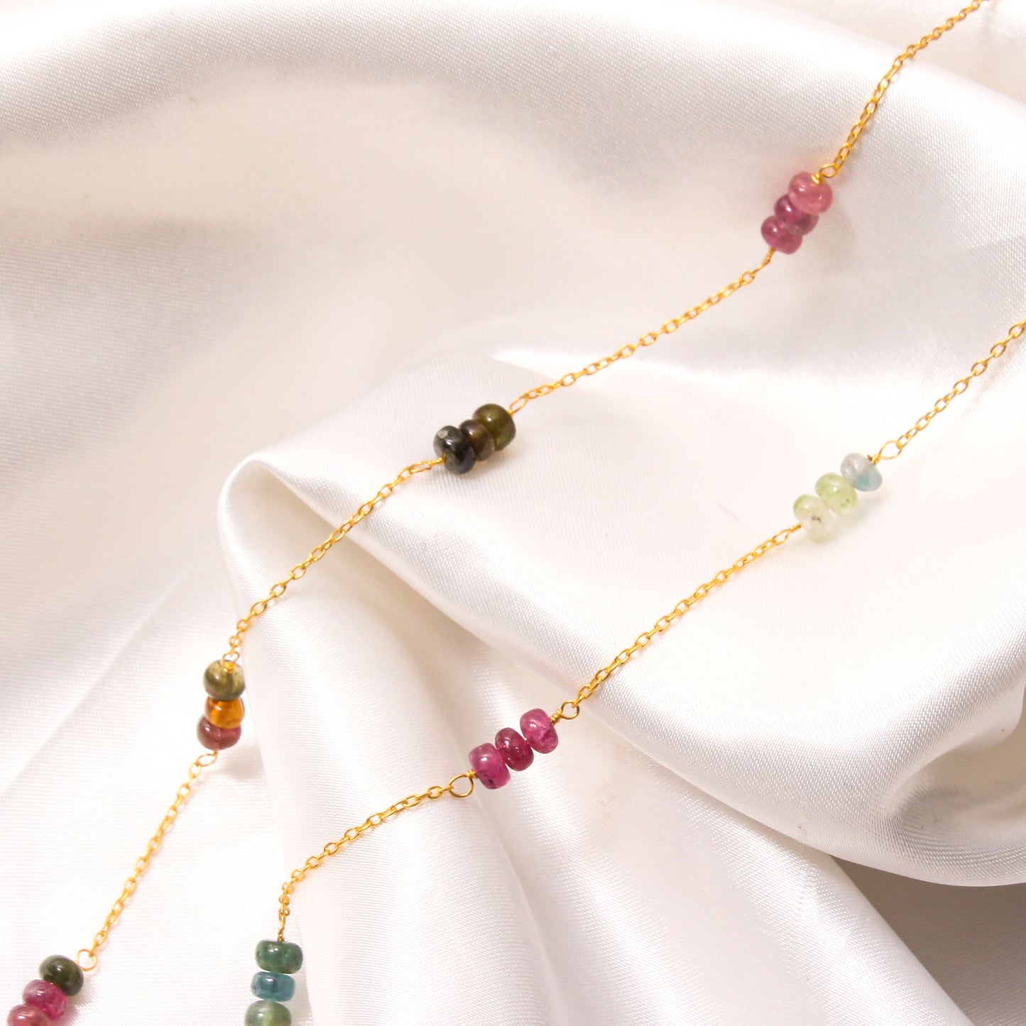 Elegant Natural Multi-Tourmaline Beaded Necklace – Gold Plated Chain Delicate Gemstone Jewelry