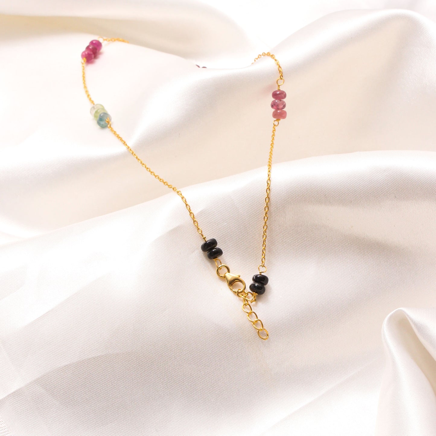 Elegant Natural Multi-Tourmaline Beaded Necklace – Gold Plated Chain Delicate Gemstone Jewelry