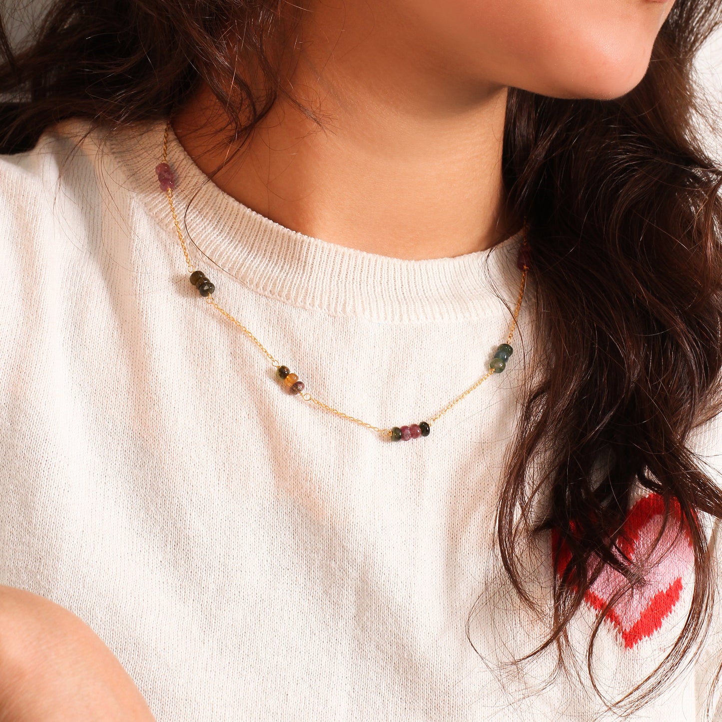 Elegant Natural Multi-Tourmaline Beaded Necklace – Gold Plated Chain Delicate Gemstone Jewelry
