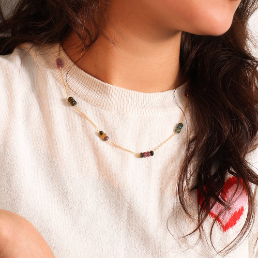 Elegant Natural Multi-Tourmaline Beaded Necklace – Gold Plated Chain Delicate Gemstone Jewelry