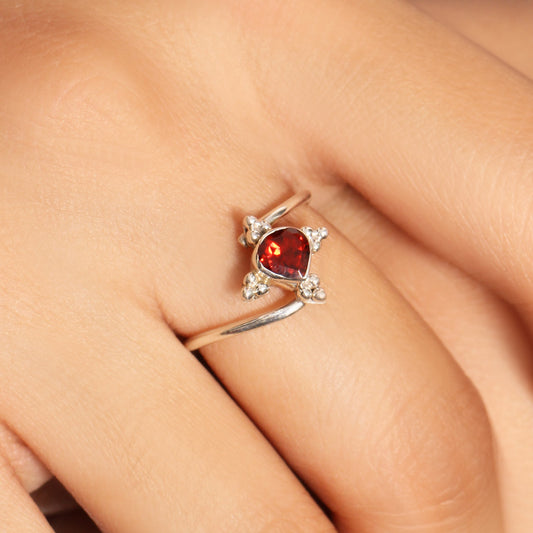 Natural Garnet Sterling Silver Ring – Heart Shape Red Gemstone Ring for Women, January Birthstone Jewelry