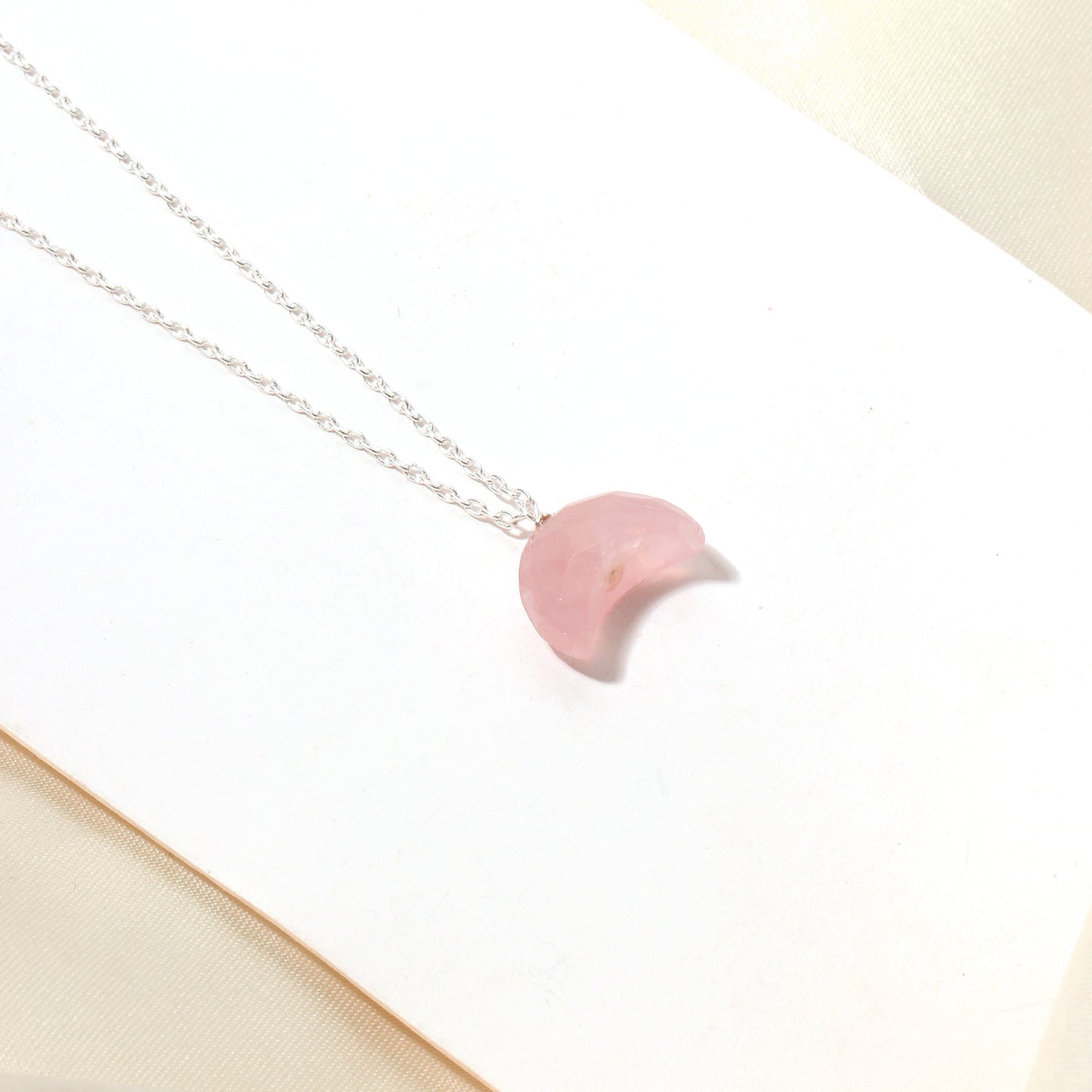 Elegant Rose Quartz Crescent Moon Pendant Necklace – 925 Sterling Silver Chain for Love & Emotional Healing