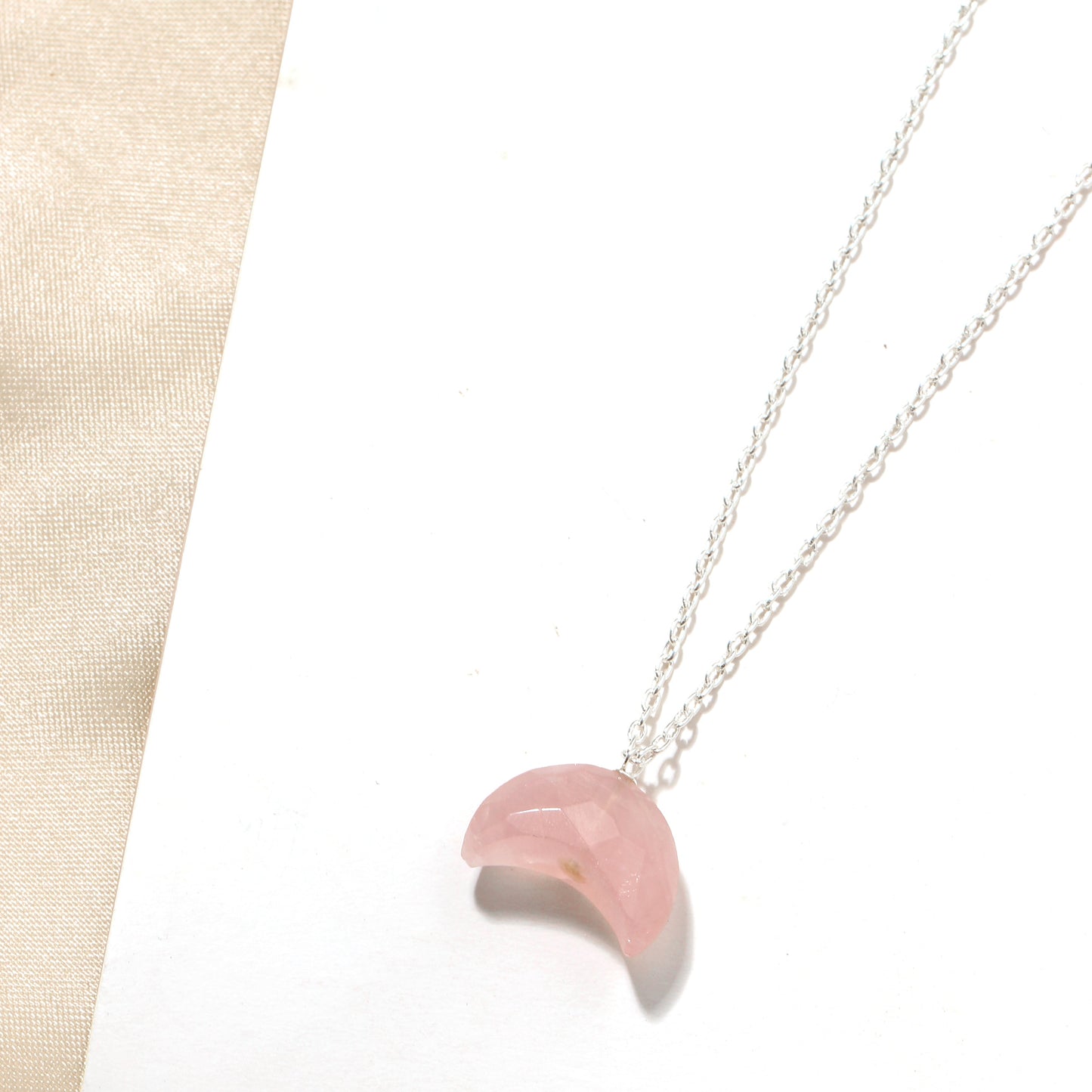 Elegant Rose Quartz Crescent Moon Pendant Necklace – 925 Sterling Silver Chain for Love & Emotional Healing