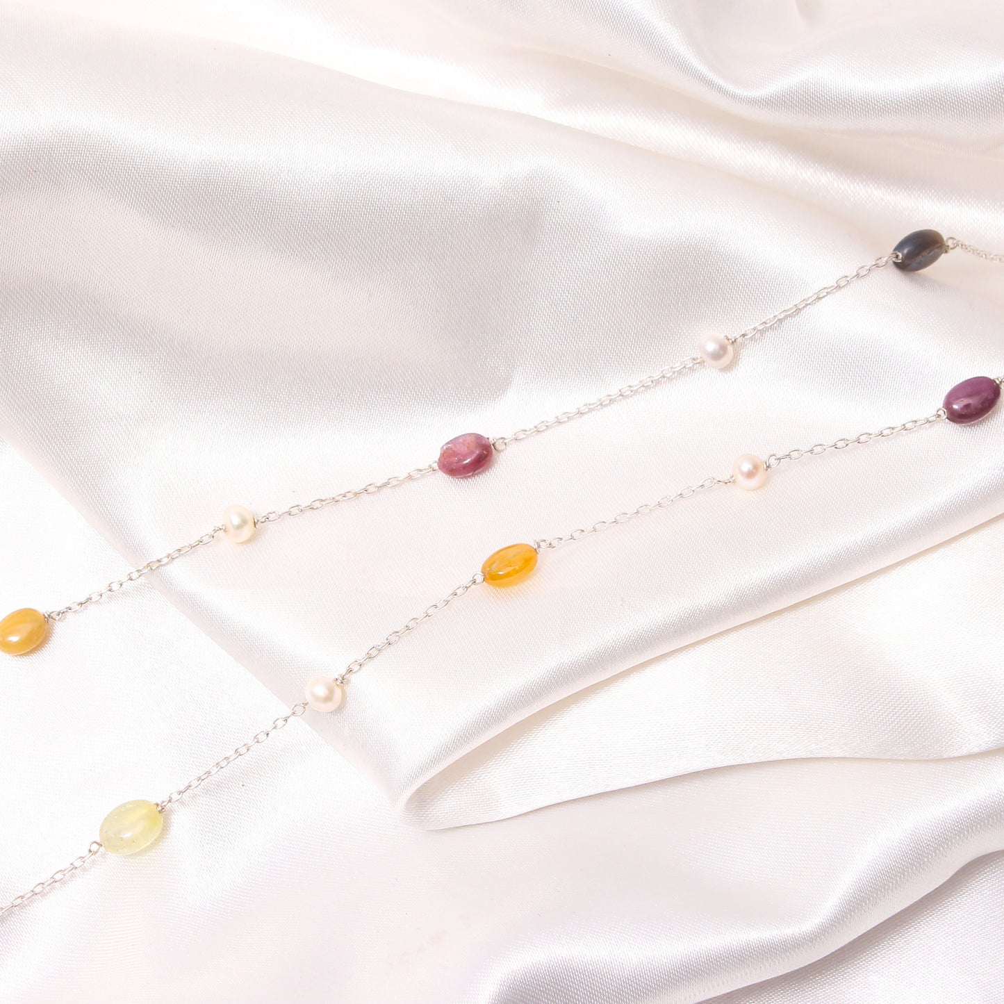 Natural Multi-Sapphire & Pearl Gemstone Chain Necklace – Elegant & Vibrant