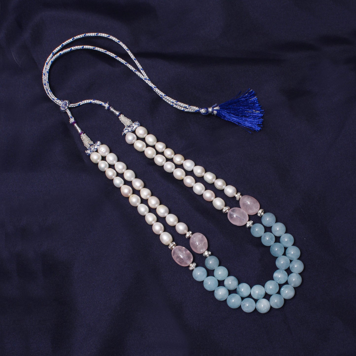 Natural Pearl, Rose Quartz & Aquamarine 2-Layered Sarafa Necklace – Graceful Gemstone Elegance