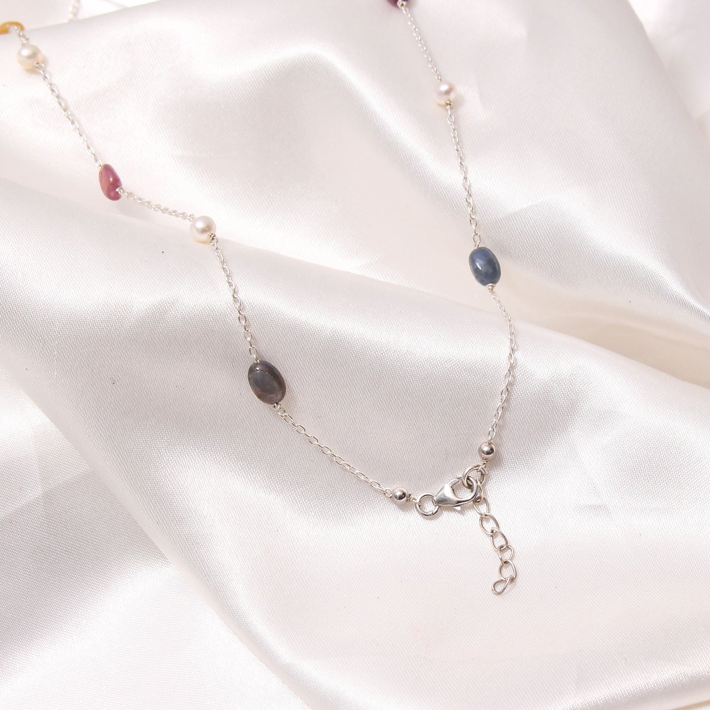 Natural Multi-Sapphire & Pearl Gemstone Chain Necklace – Elegant & Vibrant