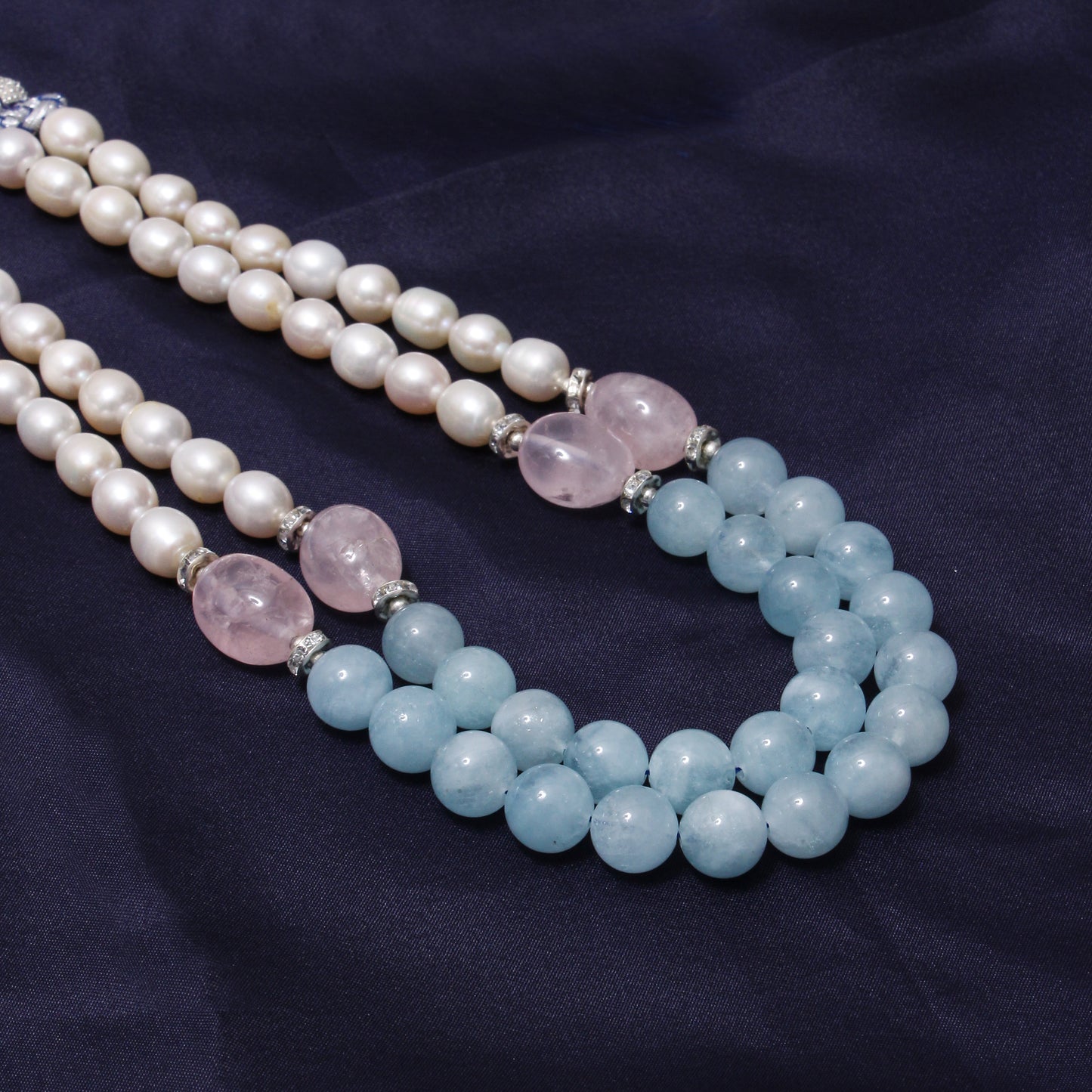 Natural Pearl, Rose Quartz & Aquamarine 2-Layered Sarafa Necklace – Graceful Gemstone Elegance