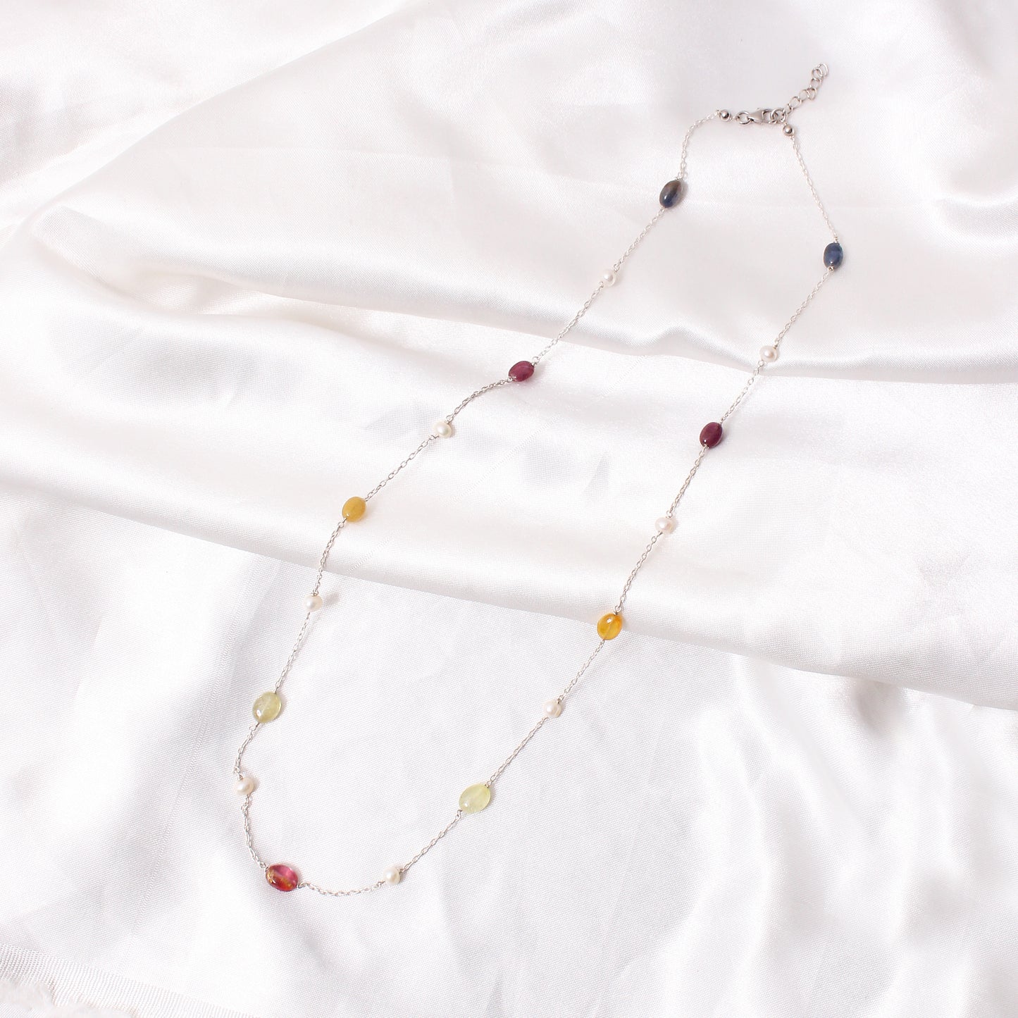 Natural Multi-Sapphire & Pearl Gemstone Chain Necklace – Elegant & Vibrant