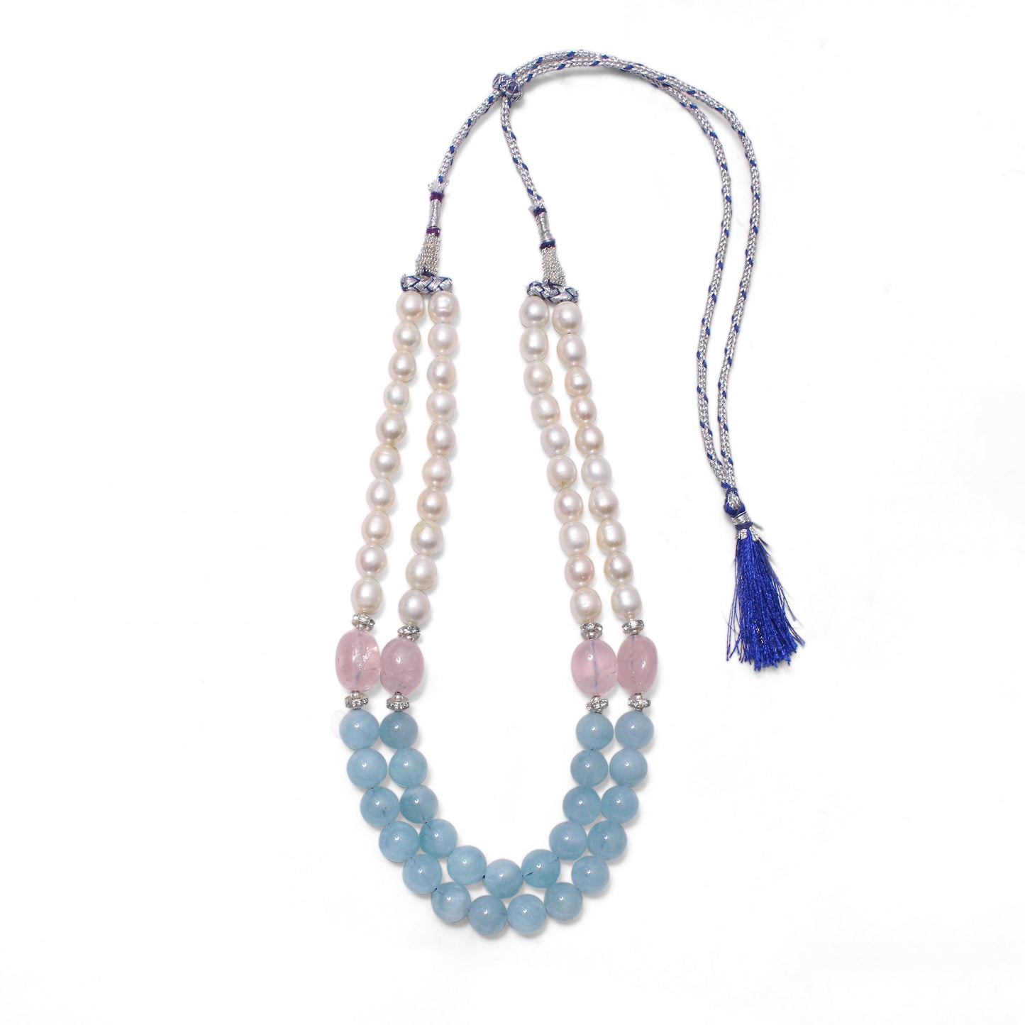 Natural Pearl, Rose Quartz & Aquamarine 2-Layered Sarafa Necklace – Graceful Gemstone Elegance
