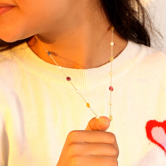 Natural Multi-Sapphire & Pearl Gemstone Chain Necklace – Elegant & Vibrant