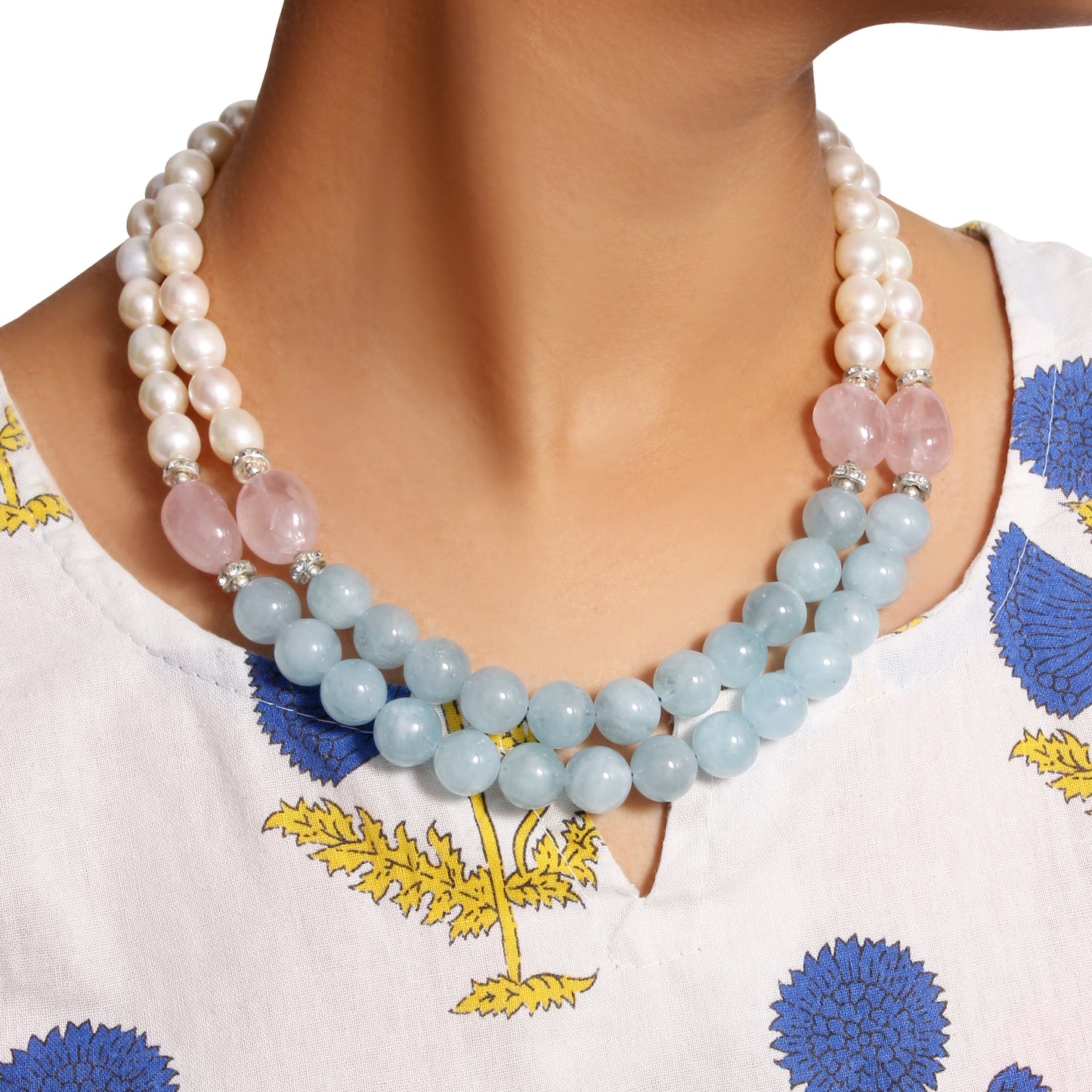 Natural Pearl, Rose Quartz & Aquamarine 2-Layered Sarafa Necklace – Graceful Gemstone Elegance