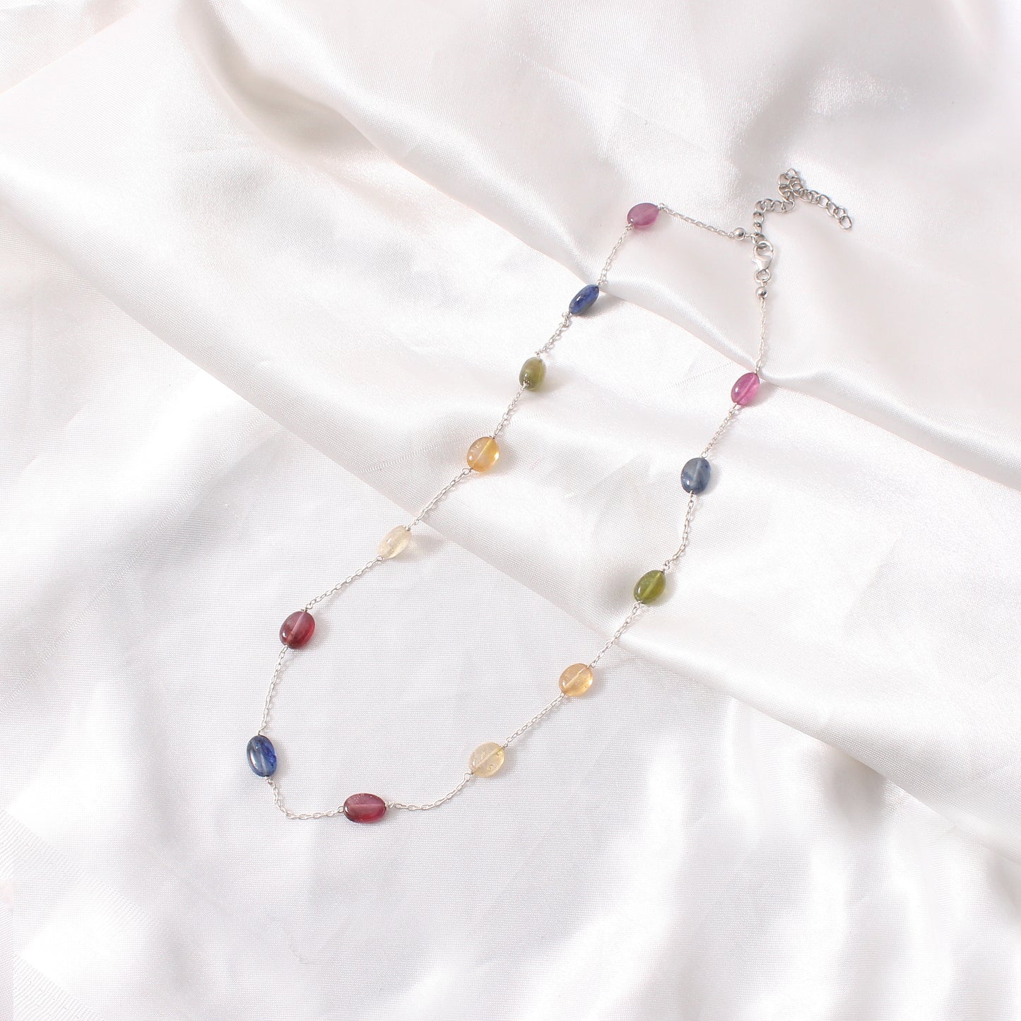 Elegant Natural Multi-Sapphire Beaded Necklace – Sterling Silver Chain Delicate Gemstone Jewelry
