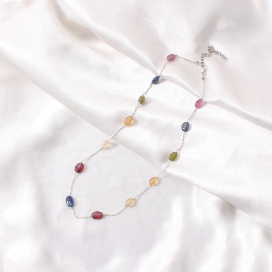 Elegant Natural Multi-Sapphire Beaded Necklace – Sterling Silver Chain Delicate Gemstone Jewelry
