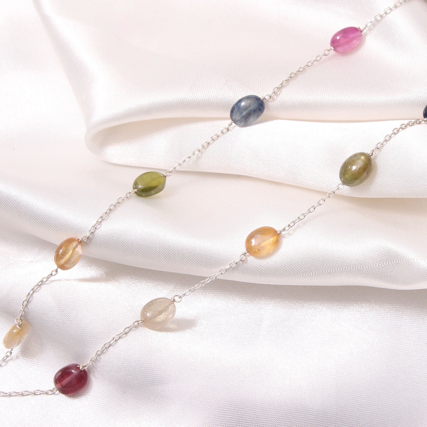 Elegant Natural Multi-Sapphire Beaded Necklace – Sterling Silver Chain Delicate Gemstone Jewelry