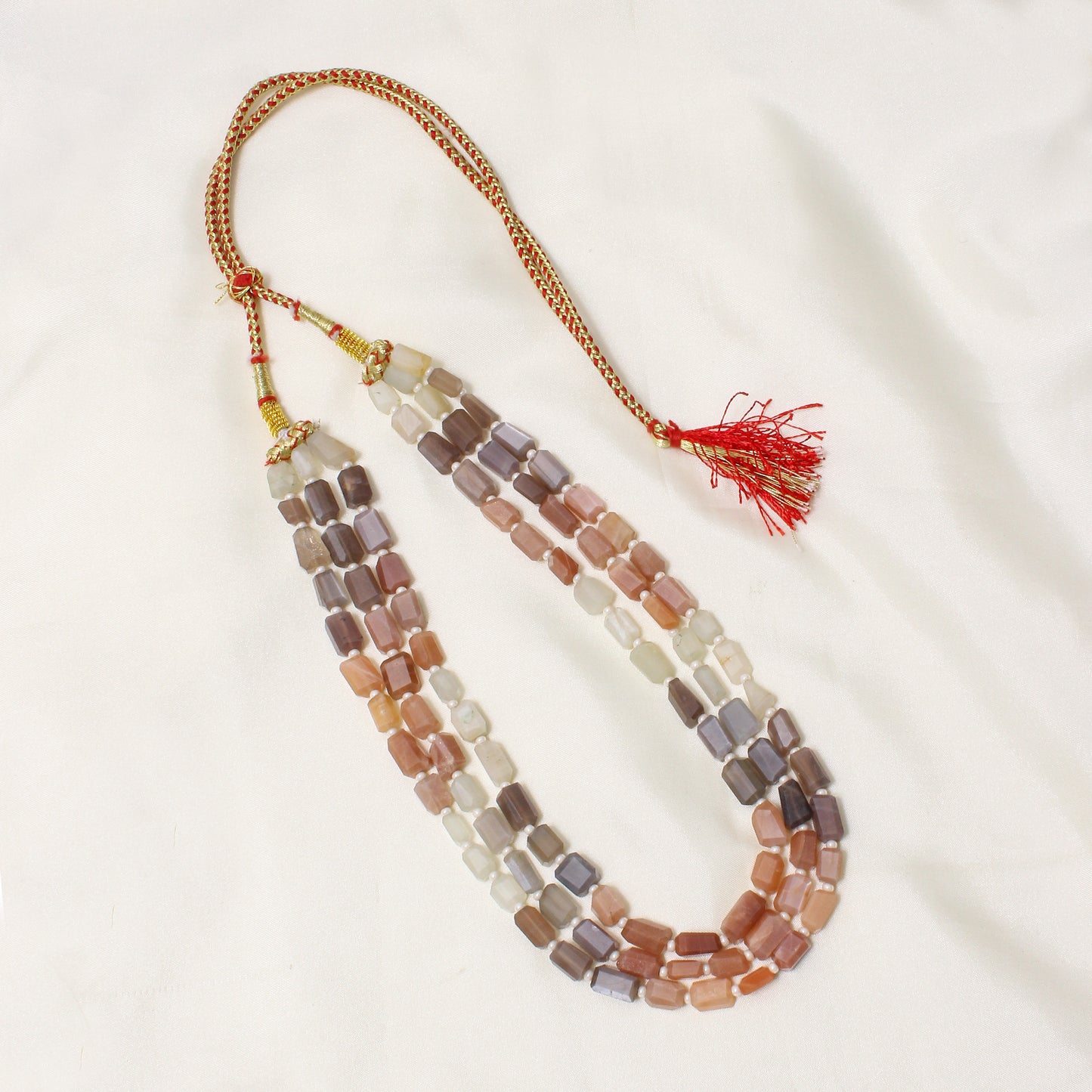 Natural Multi Moonstone & Pearl 3-Layered Sarafa Necklace – Ethereal Glow & Classic Style