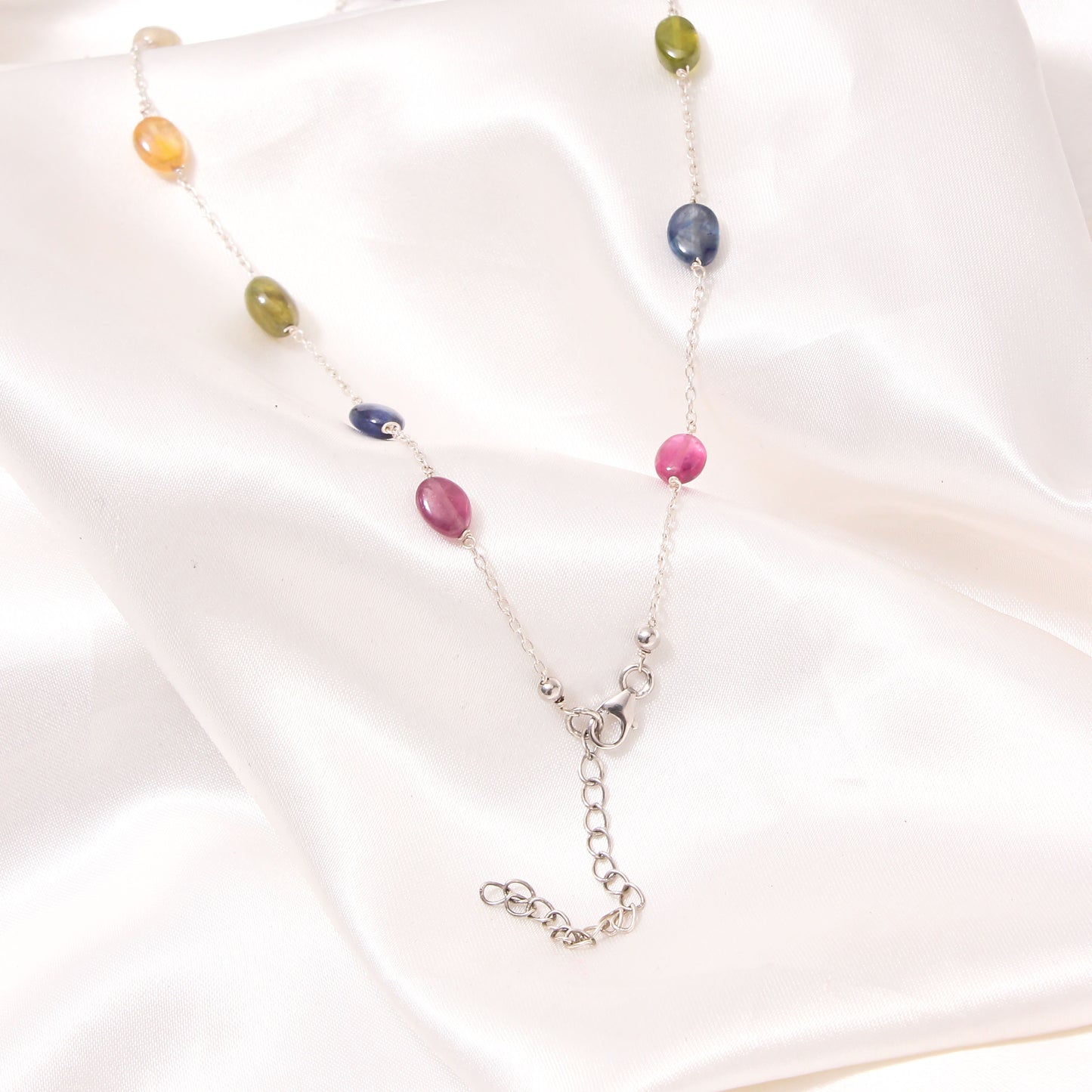 Elegant Natural Multi-Sapphire Beaded Necklace – Sterling Silver Chain Delicate Gemstone Jewelry