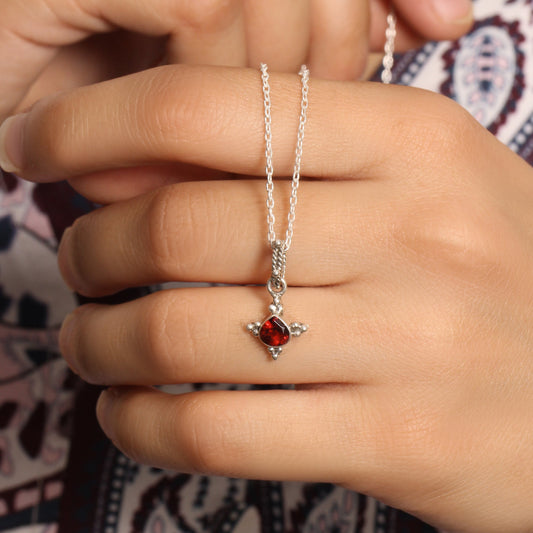 Natural Garnet Silver Gemstone Pendant – Handmade Red Gemstone Necklace Charm for Love & Vitality