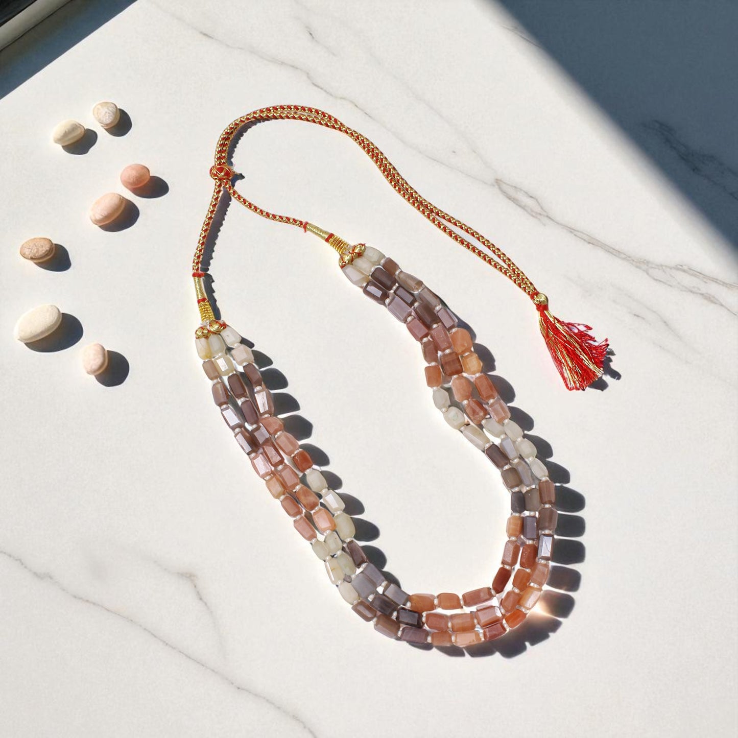Natural Multi Moonstone & Pearl 3-Layered Sarafa Necklace – Ethereal Glow & Classic Style