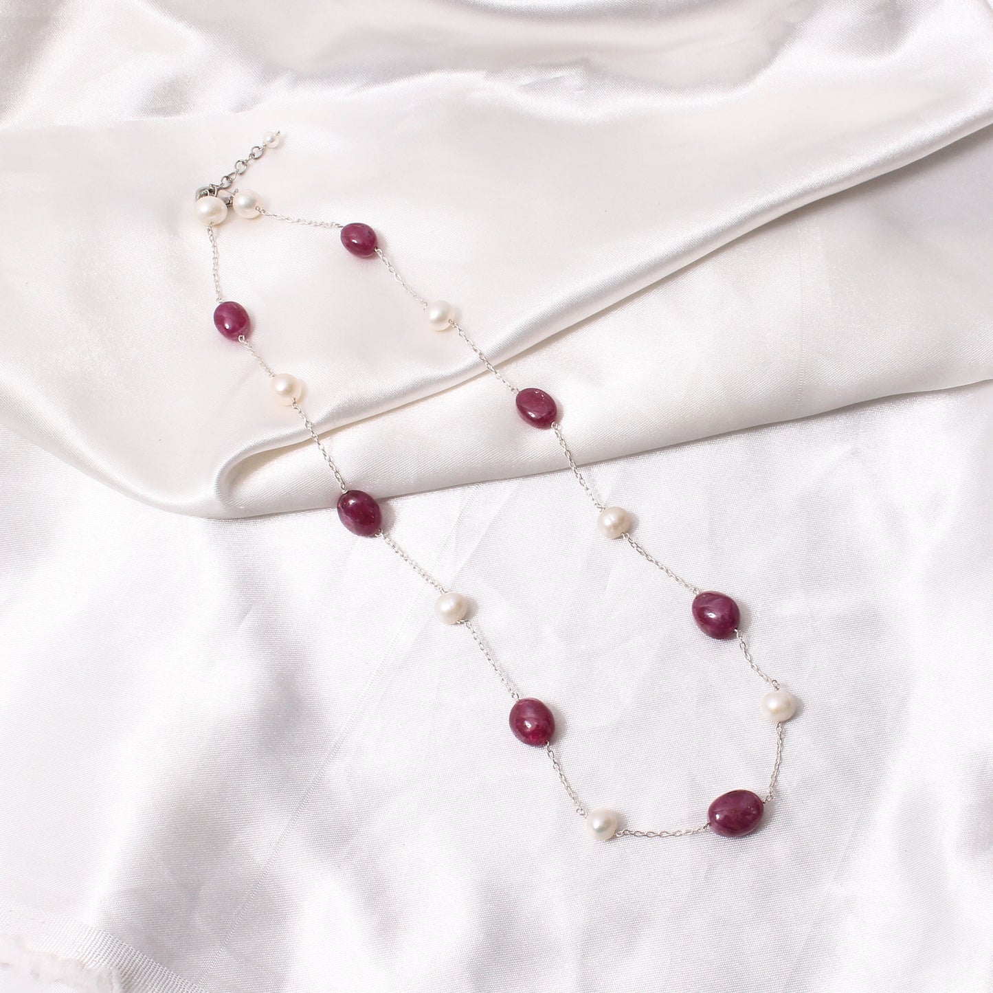 Natural Ruby & Pearl Sterling Silver Gemstone Necklace – Timeless Elegance & Luxury
