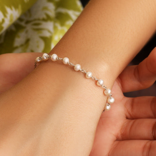 925 Sterling Silver Freshwater Pearl Rosary Chain Bracelet – Classic Elegance & Natural Grace