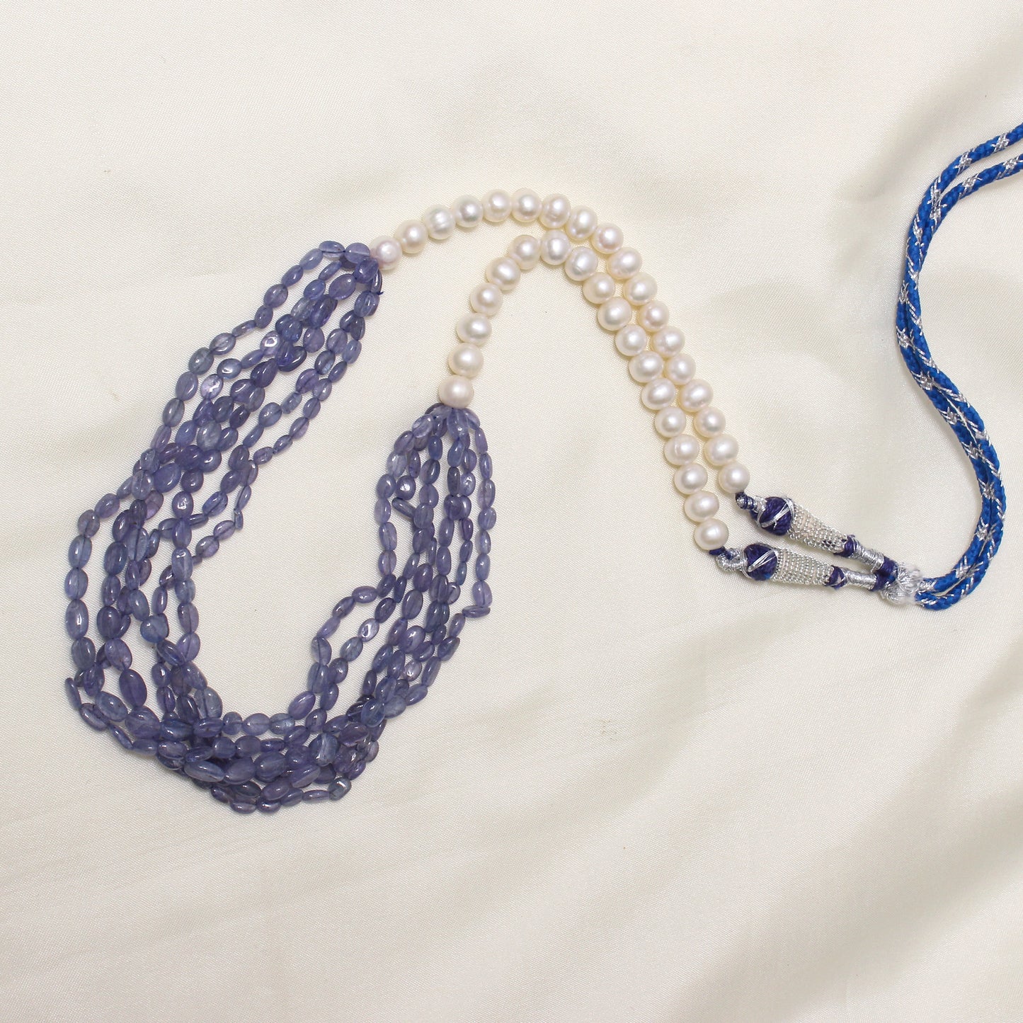 Elegant High-Quality Natural Tanzanite & Pearl Layered Sarafa Necklace – Timeless Luxury & Vibrant Shine