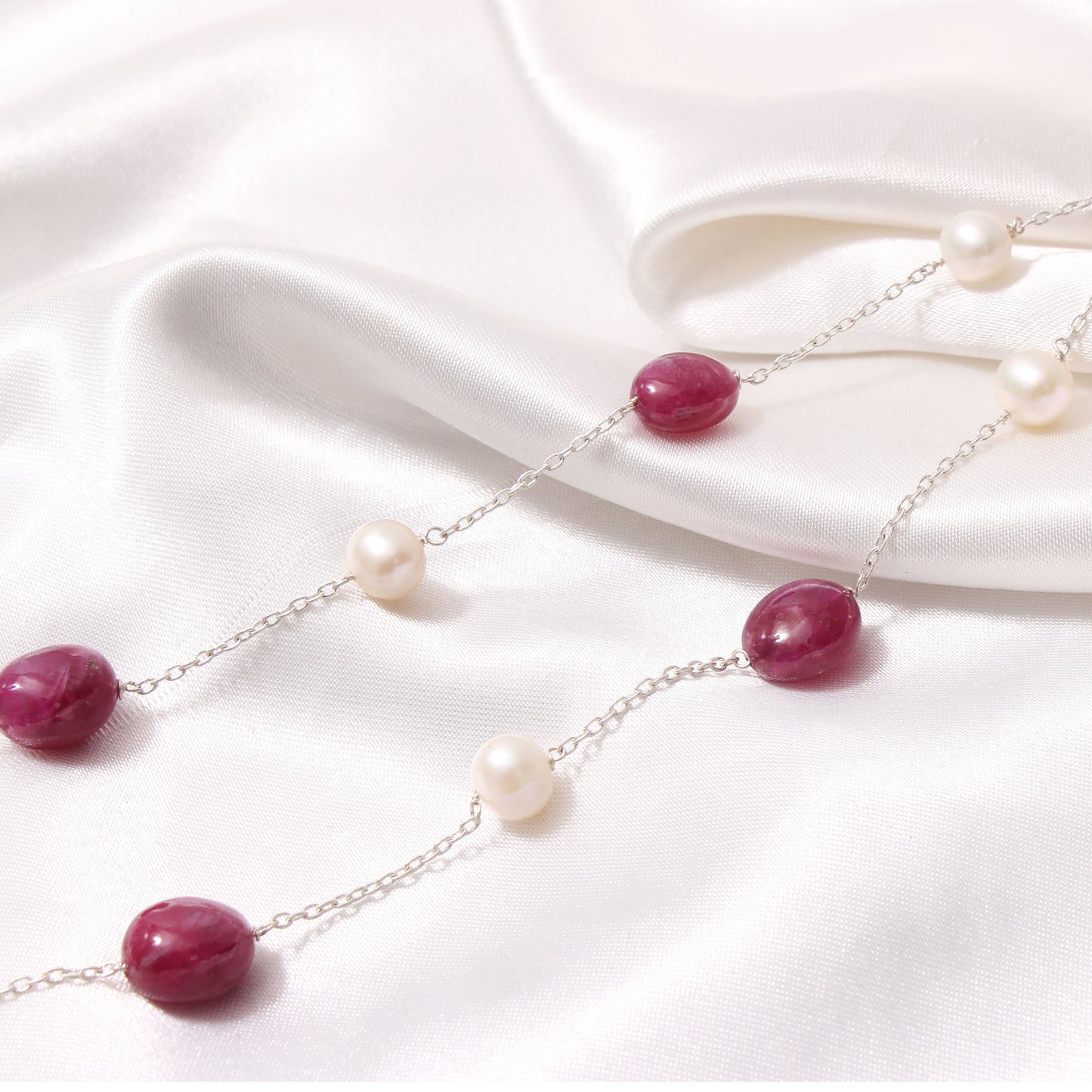 Natural Ruby & Pearl Sterling Silver Gemstone Necklace – Timeless Elegance & Luxury