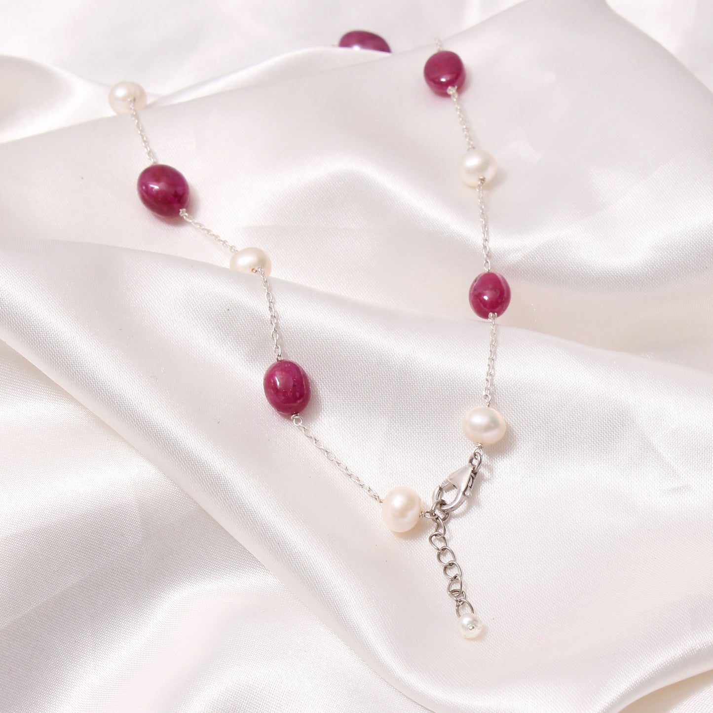 Natural Ruby & Pearl Sterling Silver Gemstone Necklace – Timeless Elegance & Luxury