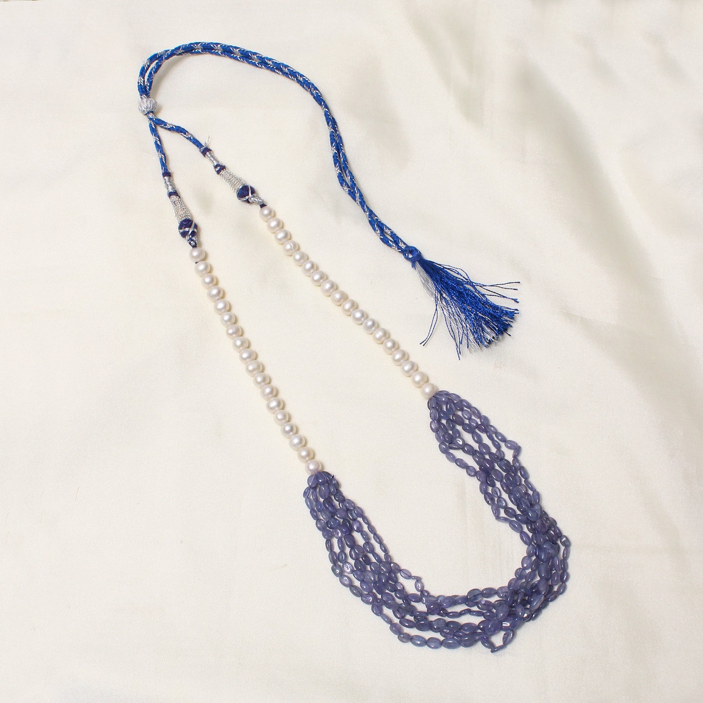 Elegant High-Quality Natural Tanzanite & Pearl Layered Sarafa Necklace – Timeless Luxury & Vibrant Shine