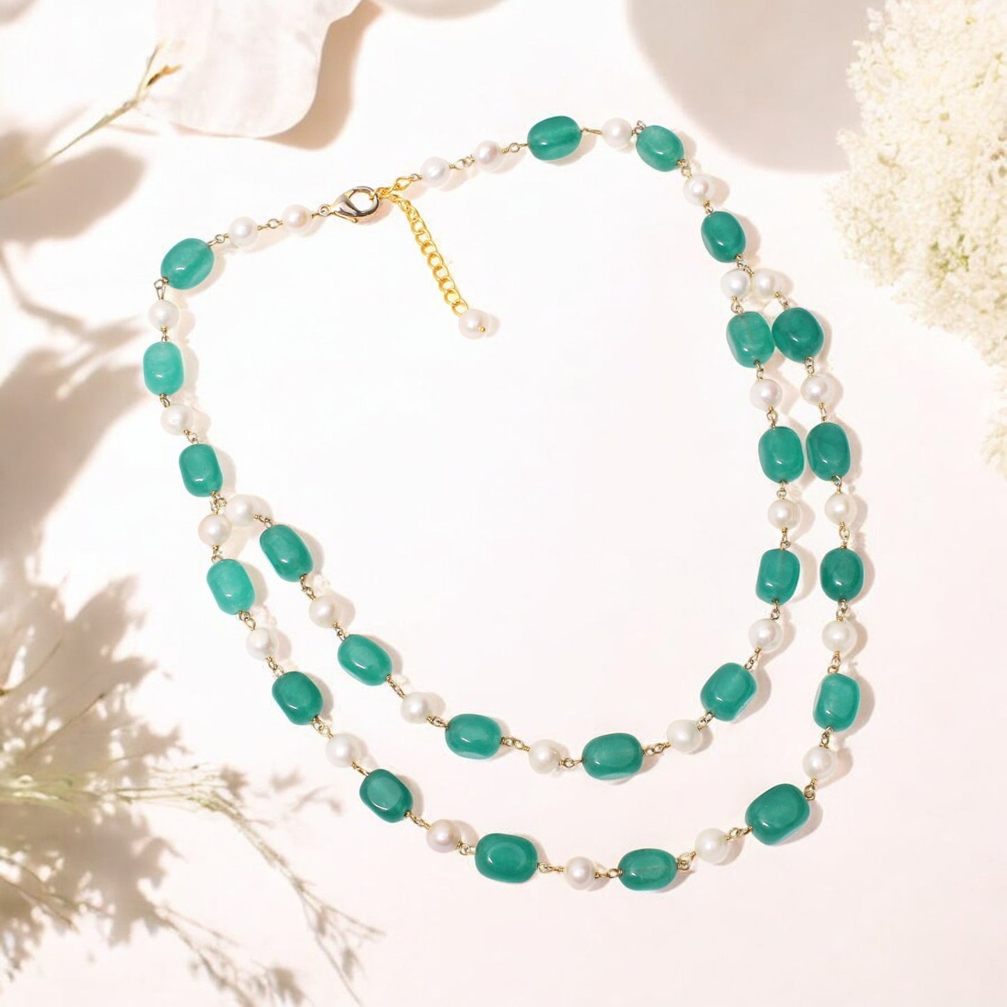 Natural Green Quartz & Freshwater Pearl Beaded Necklace – Elegant Double-Layer Jewelry