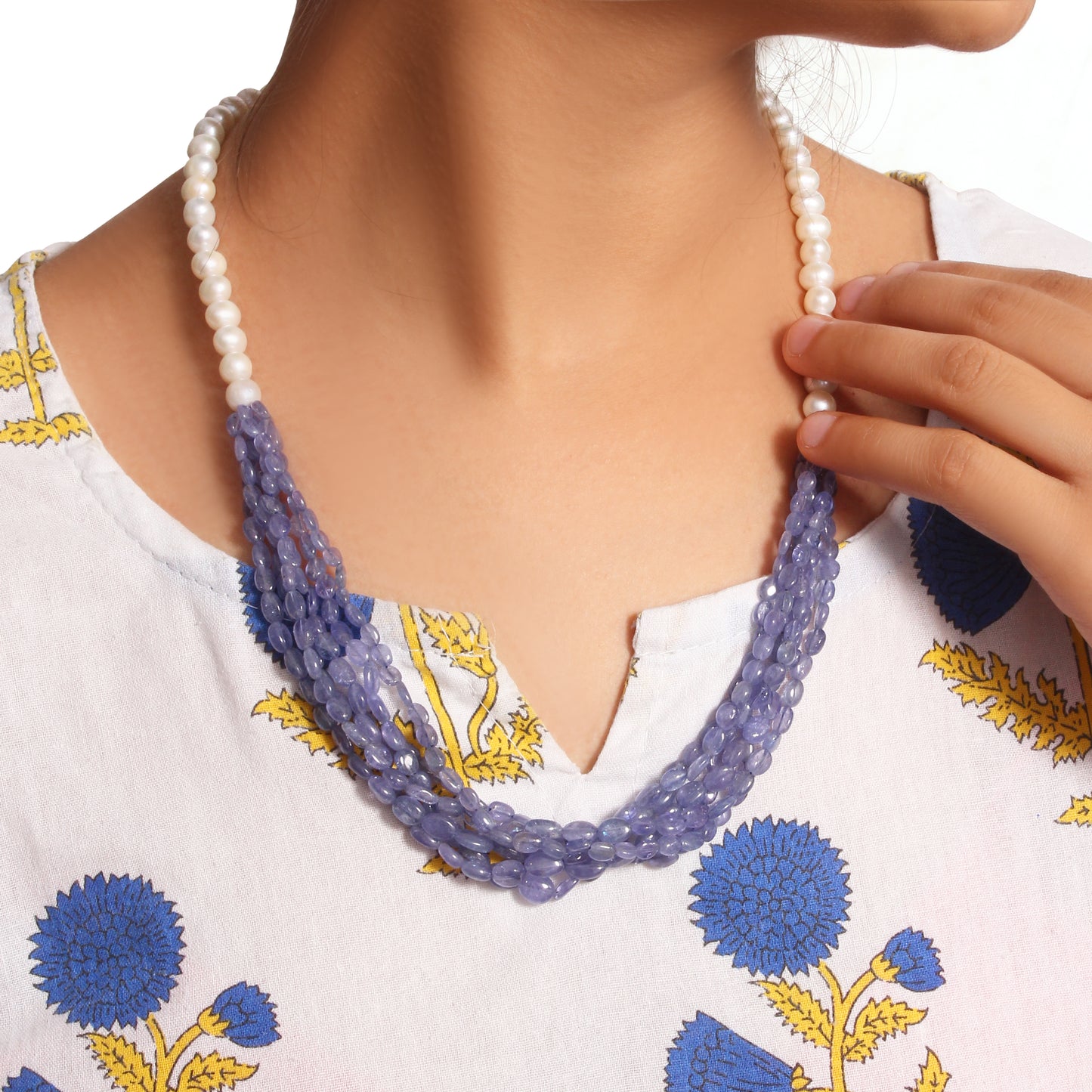 Elegant High-Quality Natural Tanzanite & Pearl Layered Sarafa Necklace – Timeless Luxury & Vibrant Shine