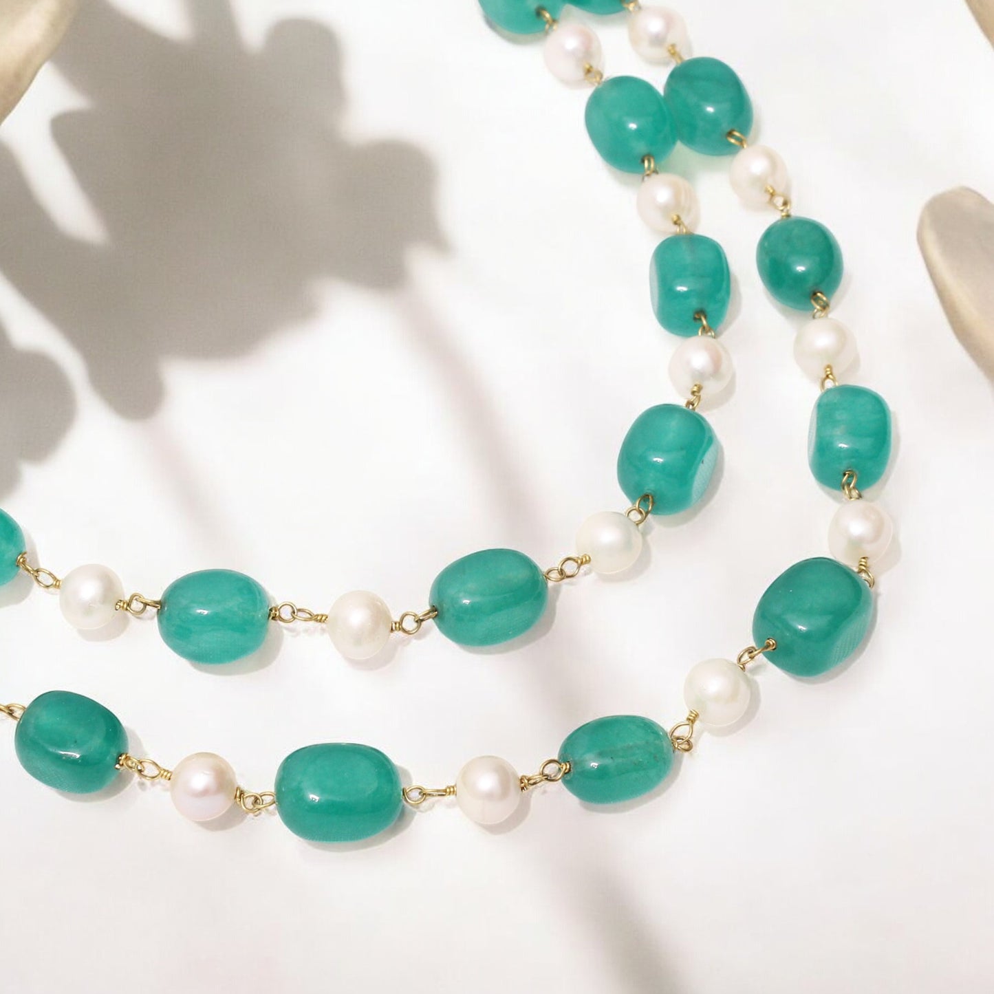 Natural Green Quartz & Freshwater Pearl Beaded Necklace – Elegant Double-Layer Jewelry