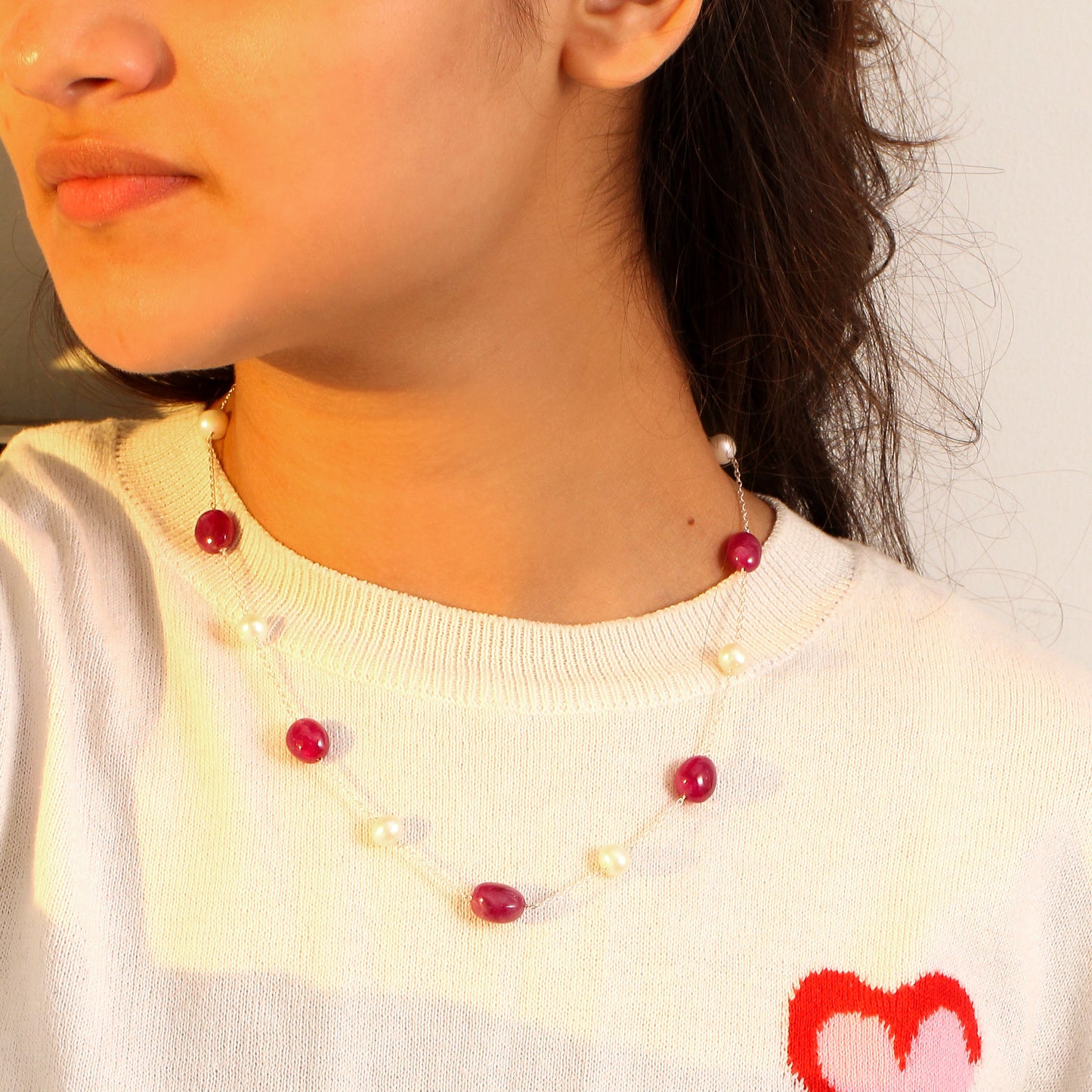 Natural Ruby & Pearl Sterling Silver Gemstone Necklace – Timeless Elegance & Luxury