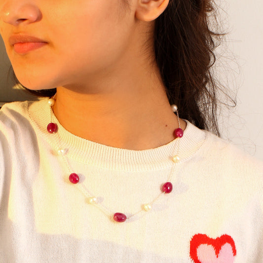 Natural Ruby & Pearl Sterling Silver Gemstone Necklace – Timeless Elegance & Luxury