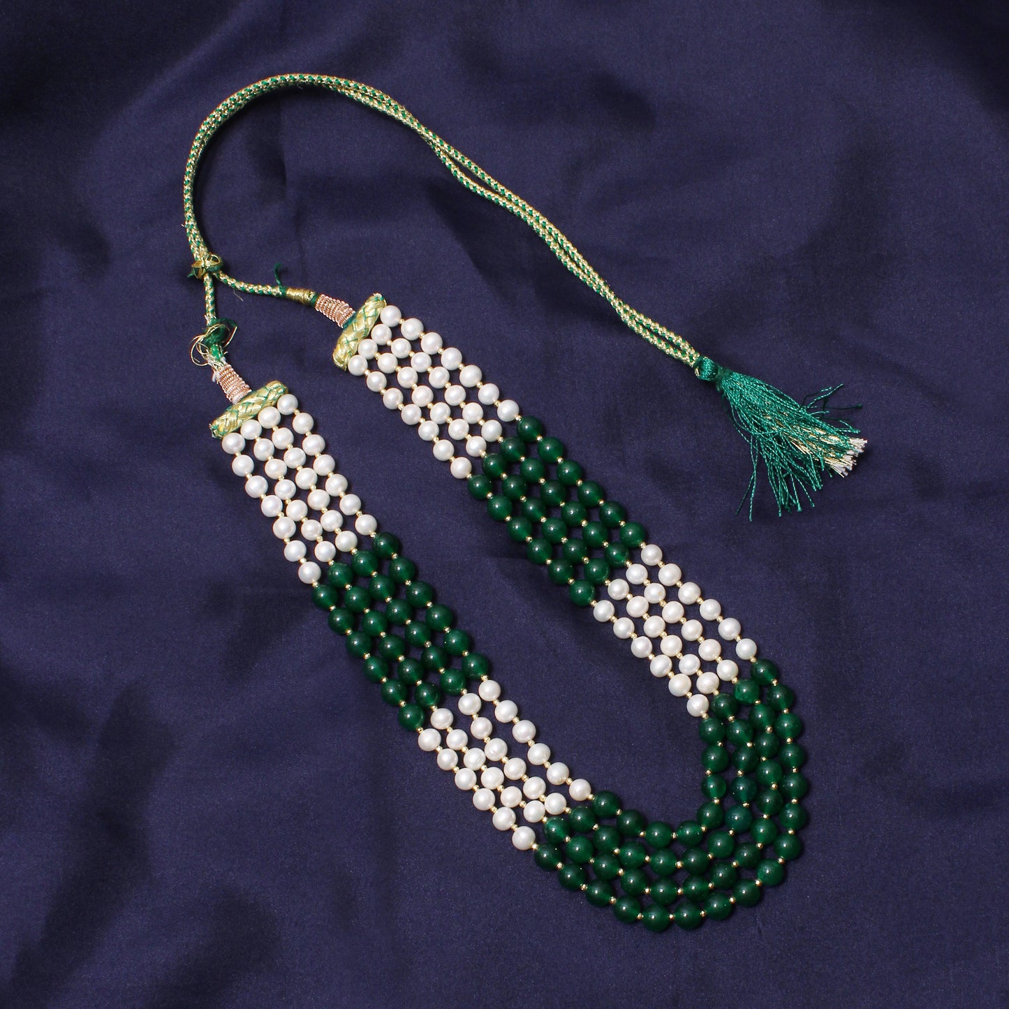 Elegant 4-Layer Green Jade, Pearl & Pyrite Sarafa Necklace – Timeless Ethnic Luxury