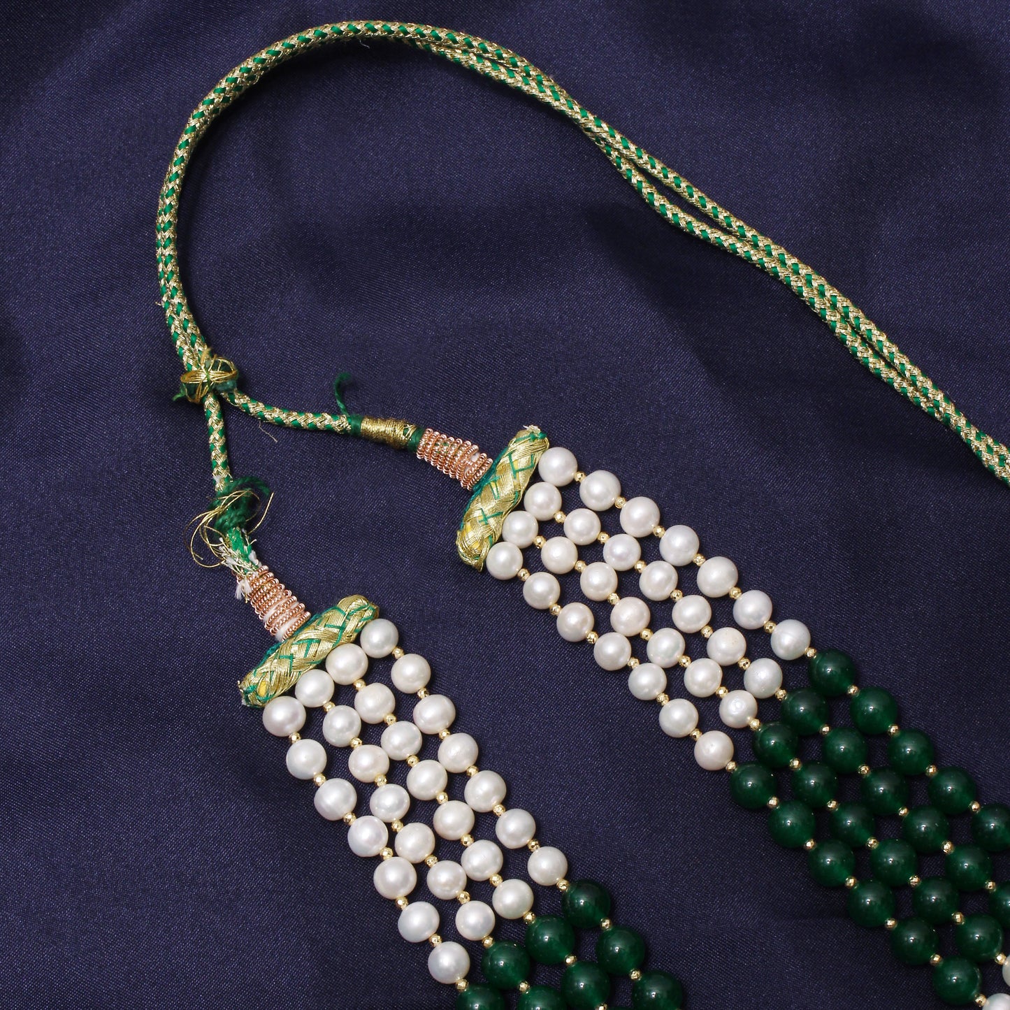 Elegant 4-Layer Green Jade, Pearl & Pyrite Sarafa Necklace – Timeless Ethnic Luxury