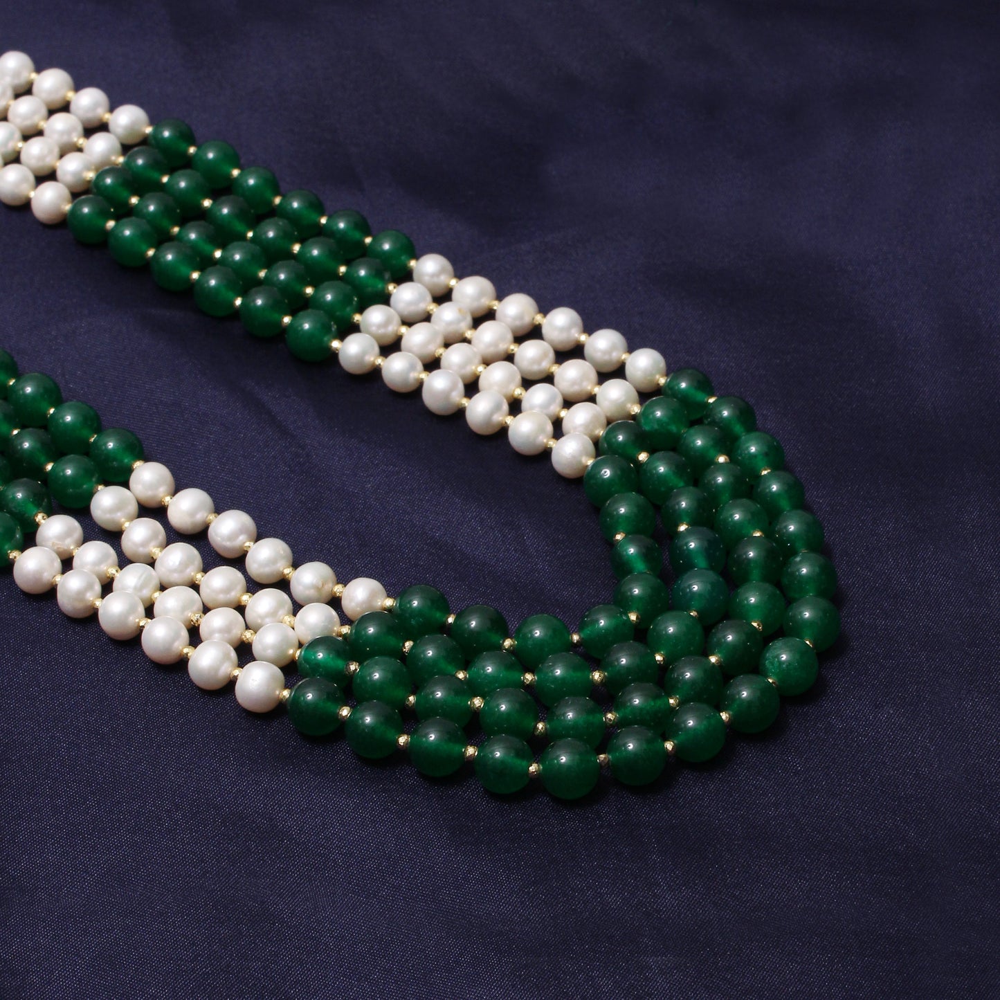 Elegant 4-Layer Green Jade, Pearl & Pyrite Sarafa Necklace – Timeless Ethnic Luxury