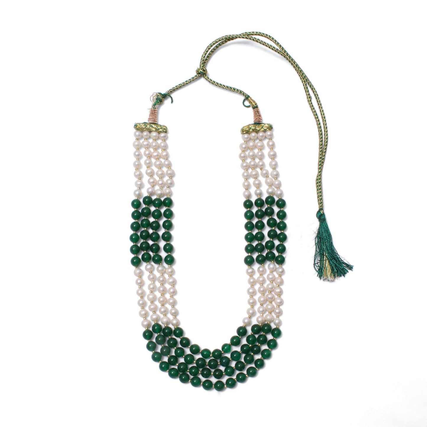 Elegant 4-Layer Green Jade, Pearl & Pyrite Sarafa Necklace – Timeless Ethnic Luxury