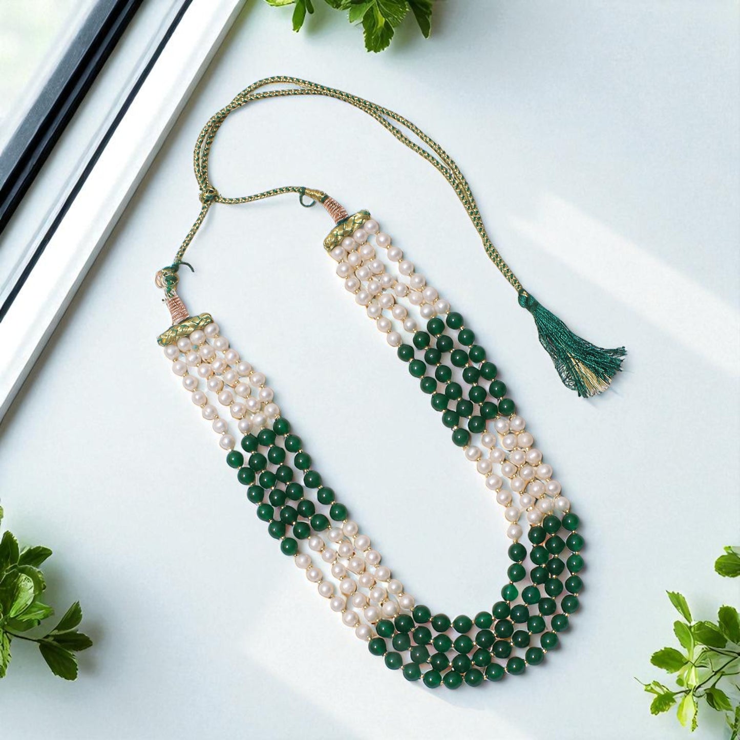 Elegant 4-Layer Green Jade, Pearl & Pyrite Sarafa Necklace – Timeless Ethnic Luxury